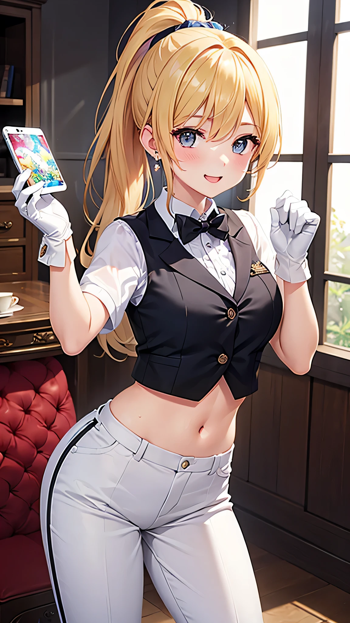 最high quality、best image quality、masterpiece、girl((20-year-old、 By becoming、vest bust、medium bust,wide open breast tea、shining eyes, blonde、long hair、thin,highest valley、ponytail、Very short shirt、short belly sports pants、cool pose、Please bring your smartphone、sweating、smile、forward leaning movement、diamond earrings、white gloves、cute pose)),high quality、beautiful art、background((casino))、Flight、debris flies、Depth of written boundary、movie、visual art、perfect art、8k,genuine、