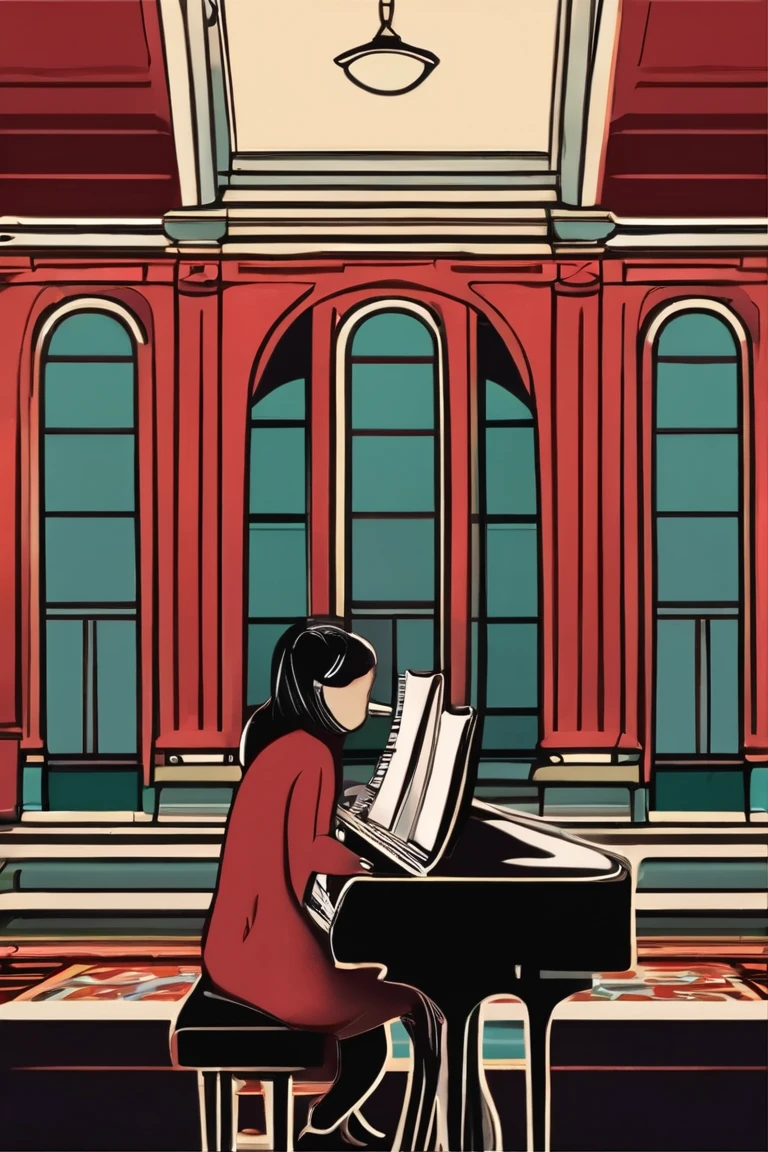 cartoon middle school student, sweat blood, Play the piano。