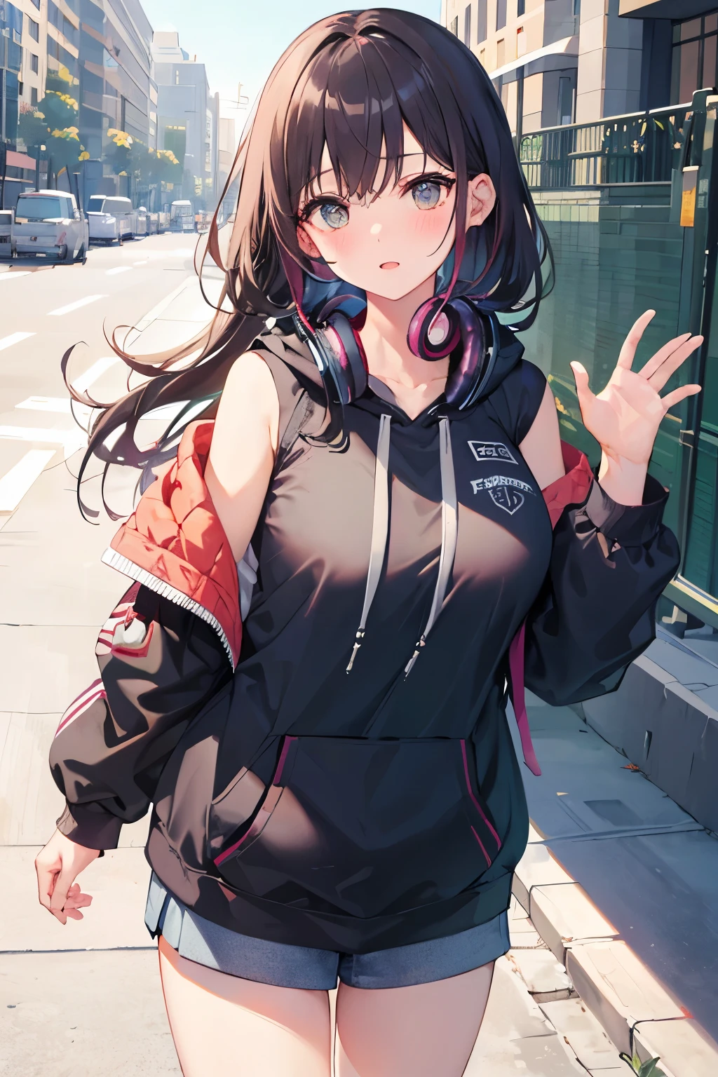 1girll,Large breasts,
Outdoors,Cityscape, street,standing,Cowboy shot,
(Hoodie),headphones around their necks,
Blush,