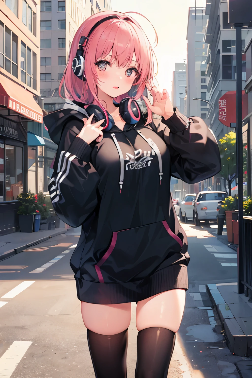 1girll,Large breasts, 
Outdoors,Cityscape, street,standing,Cowboy shot, 
(Hoodie),headphones around their necks, 
Blush,