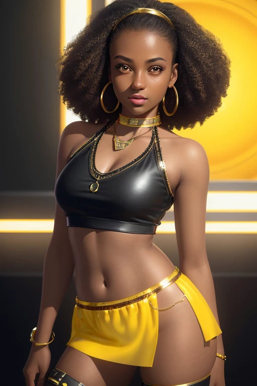 1 young female , smile, dark skin tone, afro hair, a skin tight skimpy leather short mini skirt, a loose fitting sheer transparent white silk halter top, and gold hoop earrings and gold chains, yellow and cyan tone, 1970s, (35mmstyle:1.1), front, masterpiece, , cinematic lighting, (photorealistic:1.3), high frequency details, 35mm film, (film grain), film noise, kodak proimage 100, depth of field , bokeh,analog style, realistic, award-winning photo,(symmetric highly detailed eyes, fantastic eyes, intricate eyes:1.1), detailed background, full body, wide angle, beautiful 20 year old girl, African American, dark skin, skinny, ribbon braid, flat chest, tiktok, instagram, hyper-realistic photo, armored space girl cyberpunk
