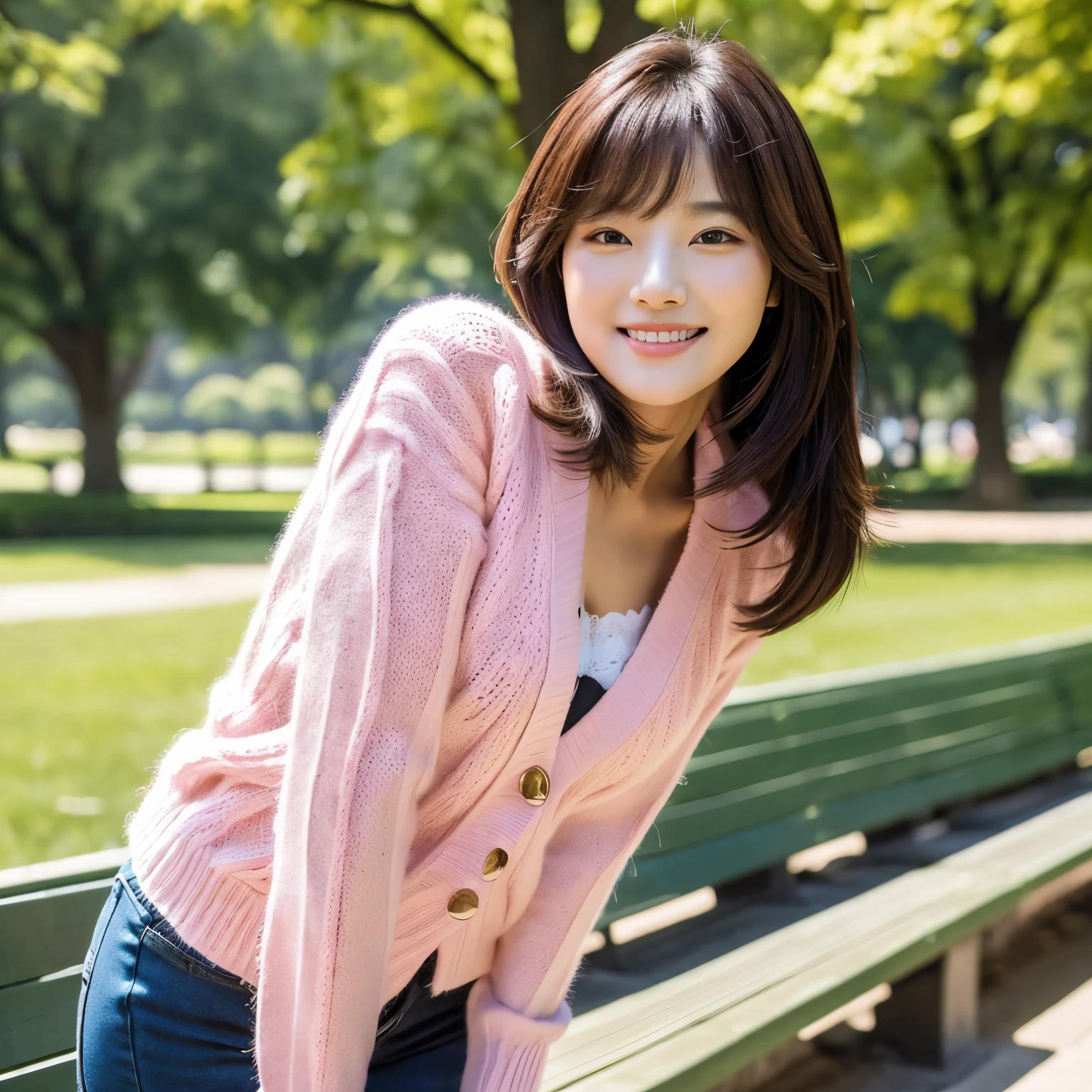 (my chest is very big）, （very stylish）, （very long legs）, (very big )（bob shortcut）, gorgeous young korean woman, beautiful young korean woman, Young and adorable Korean face, Nam Jae Young,((sexy pose)), park bench、Close-fitting pink knit that shows the chest、Tight-fitting pants、smile