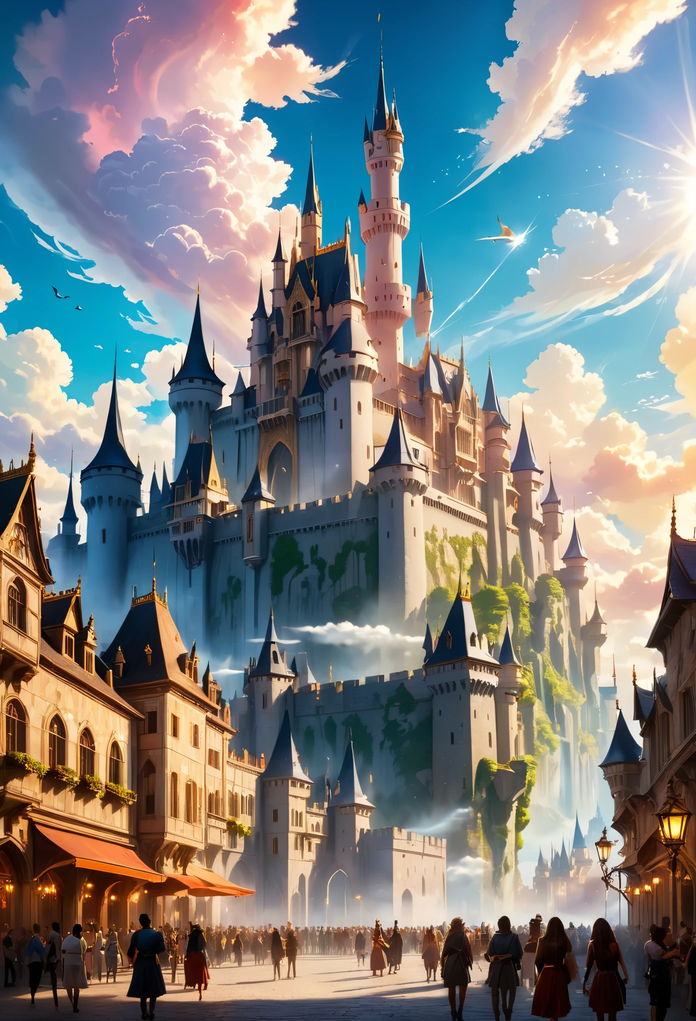 A magnificent magical city，Towering spiers piercing the sky，The magnificent palace shines in the sun，The time is daylight，There are floating clouds and flying magical creatures in the background，There is a towering castle in the center of the city，The castle is surrounded by bustling streets and bustling people，castle door open