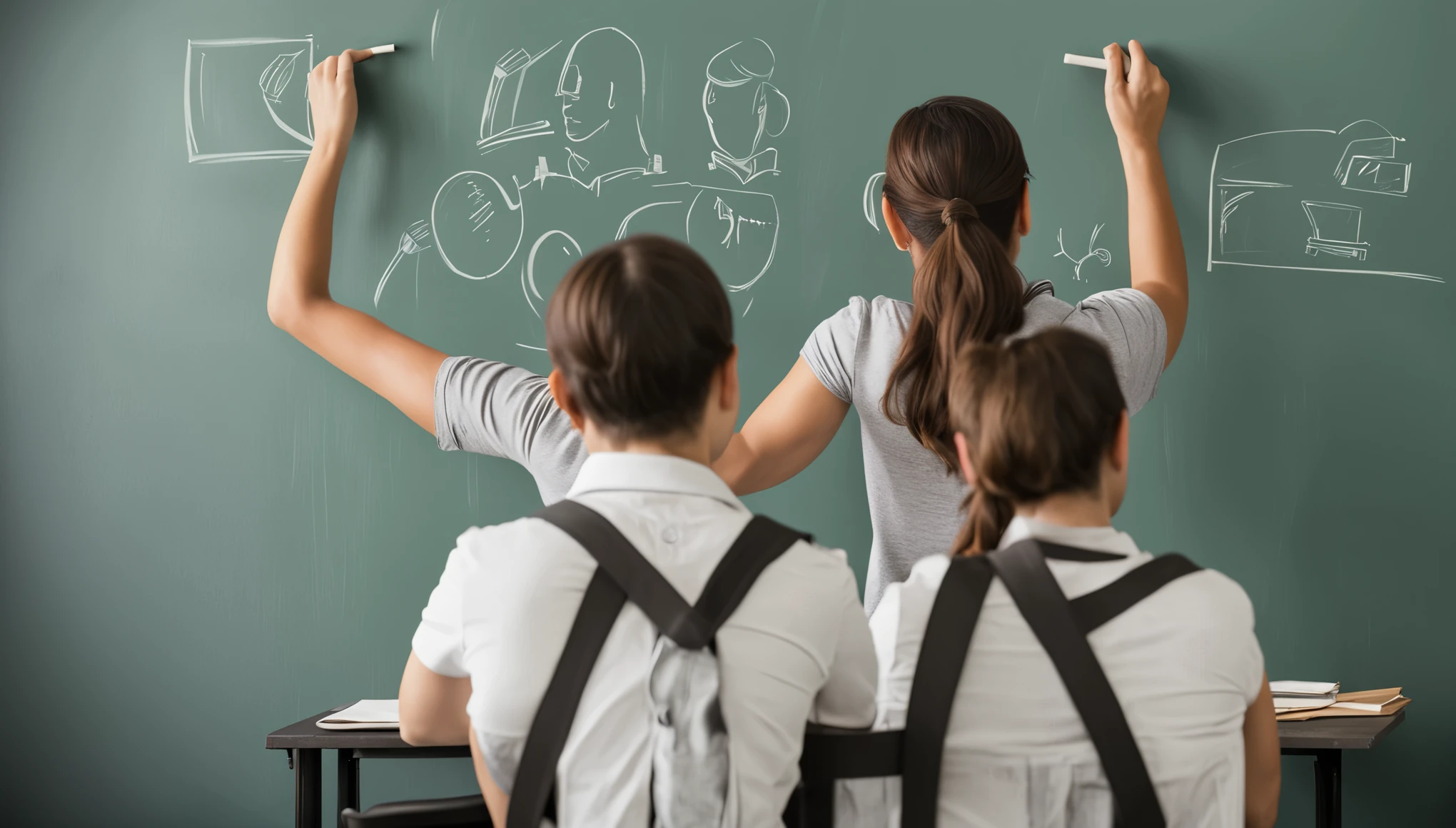 Student in class blackboard teacher holding chalk clear light and dark teacher back student back
