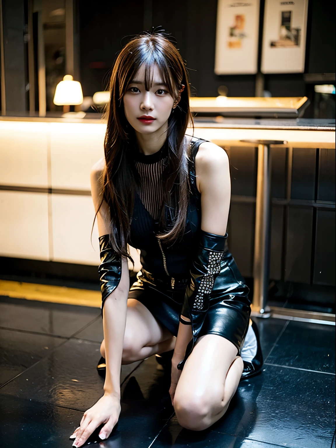(best quality,8k,high-res,masterpiece:1.2), ultra-detailed, (realistic, photo-realistic:1.37), tabletop, extremely detailed, photorealistic rendering, girl and full body seen, black leather miniskirt, slightly averted eyes, profile, incredibly beautiful, cute, 8K wallpaper, intricate details, highly detailed 8K wallpaper, gravure, model, foot fetish, legs, leg fetish, visible down to the feet, vibrant lighting, soft shadows