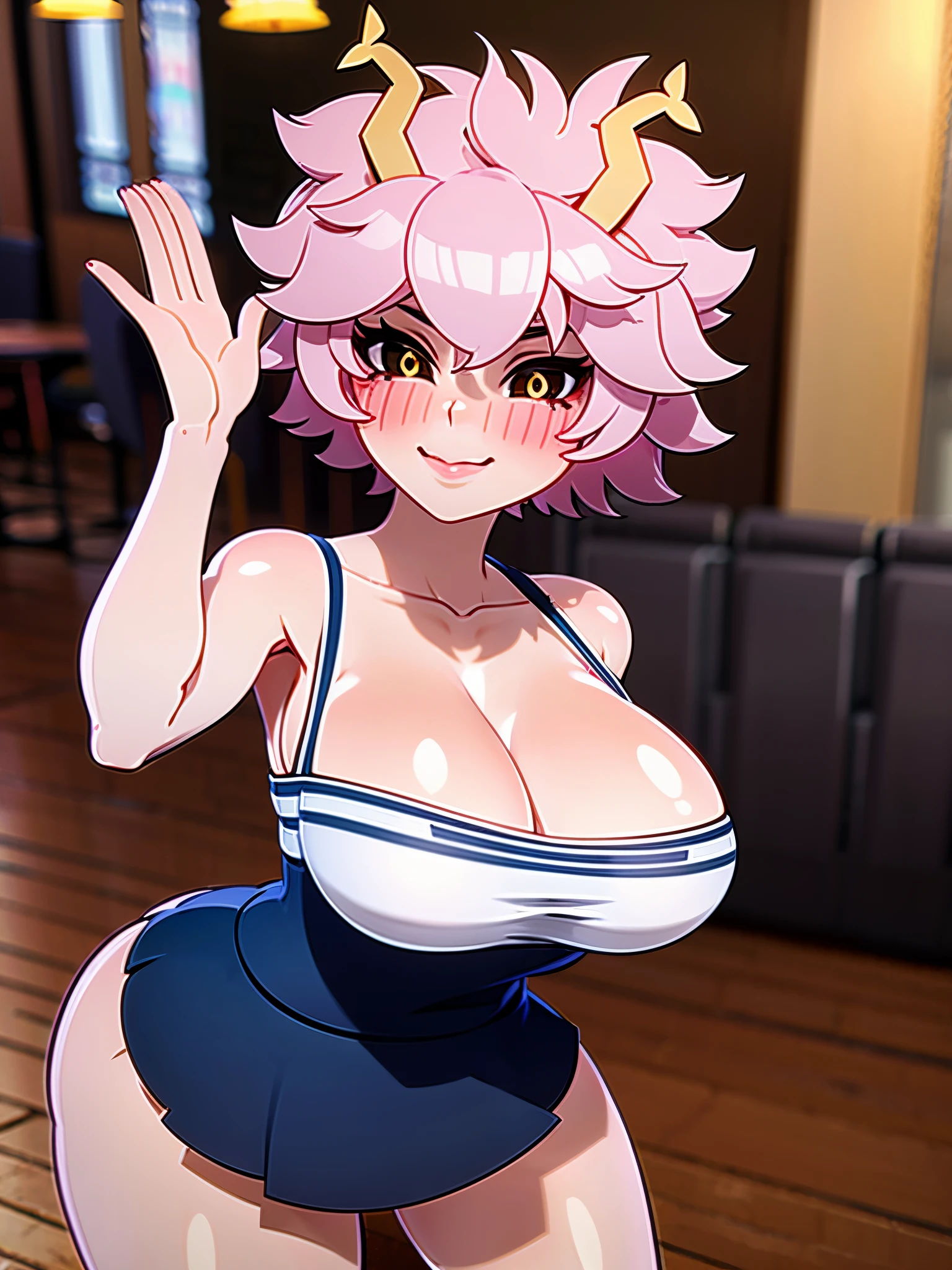 (8k, RAW photos, top quality, masterpiece: 1.2), (High Quality), ray tracing, HDR, (High Details), (Face detail), (Shadow Detail), (amplected), stylized blush, 3d, 3d render, 1girl, solo, masterpiece, best quality, high quality, highres, 4K, beautiful eyes, waving, lip gloss, makeup, woman, detailed, cleavage, thick thighs, 1girl, solo, masterpiece, best quality, high quality, highres, 4K, mina ashido, pink hair, horns, pink skin, tank top, skirt, casual outfit, restaurant, burger, black sclera, slim waist,