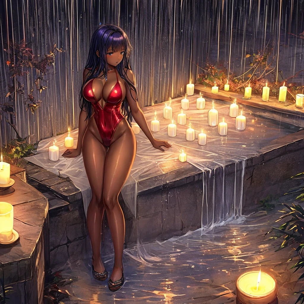 A confident young African sex worker, naked, naked, no clothes, big breasts, thick thighs, no panties, transparent silk leotard, lying on the edge of the pool, light rain, wet body, eerie environment, candles and spider web , graph growing assured and another hand breaking head, full body, high quality