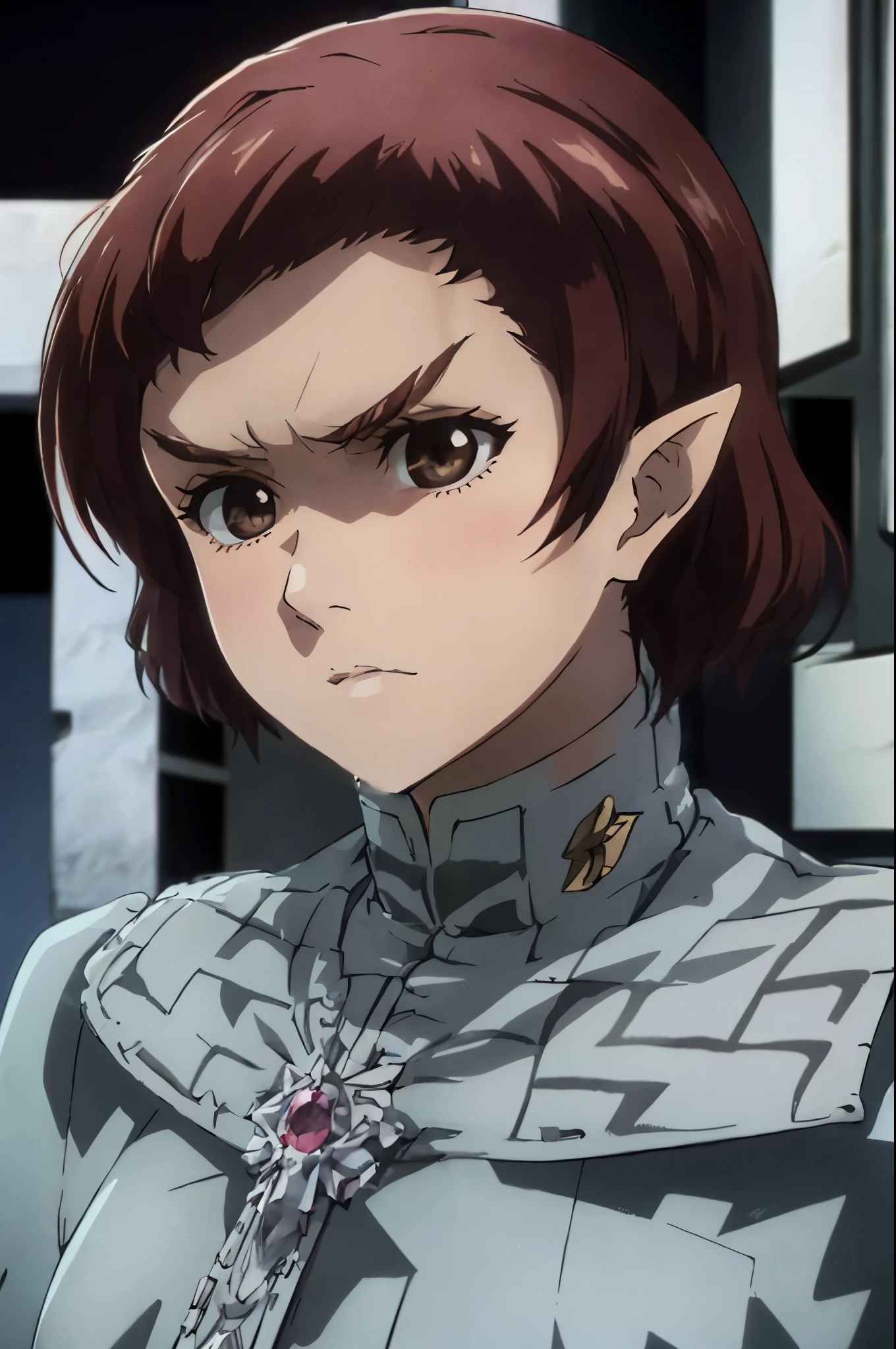 fullbody fullframe masterpiece high quality best quality bleach style romulan female moody expression pointy eyebrows pointy ears forehead ridge 