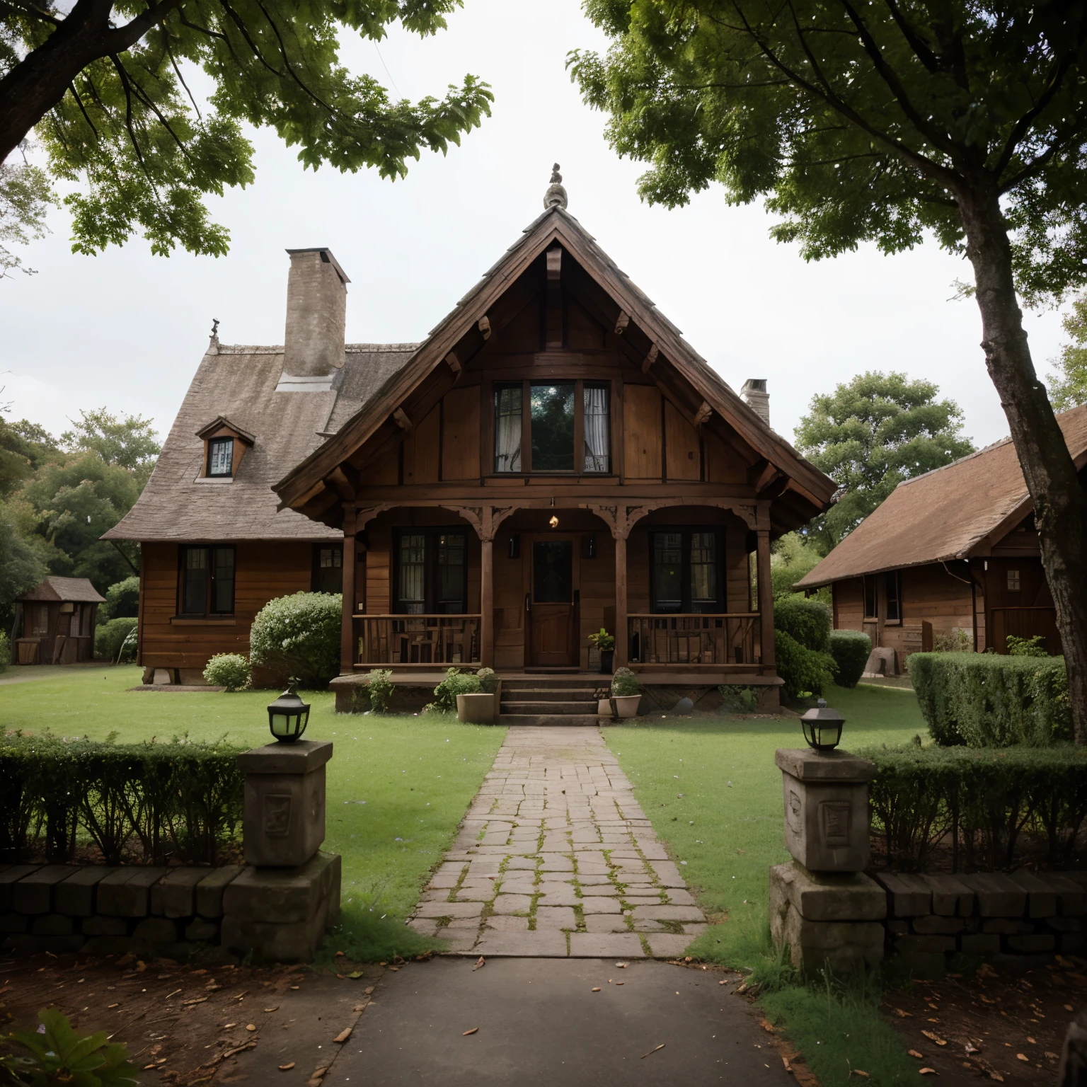 A house in the middle of a mythical forest with magistic creatures rom
ing around and a godely figure in the background. 