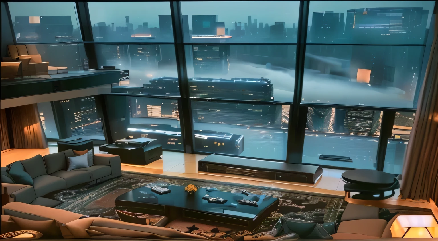 Living room with large windows，overlooking the city, Luxurious environment, new black background, Floor-to-ceiling windows, expansive view, Floor-to-ceiling windows, Rich movie atmosphere, Cooling time. Good scenery, view!!!, bladerunner apartment, Beautiful scenery, Penthouse, epic and view, view, Luxury Apartment