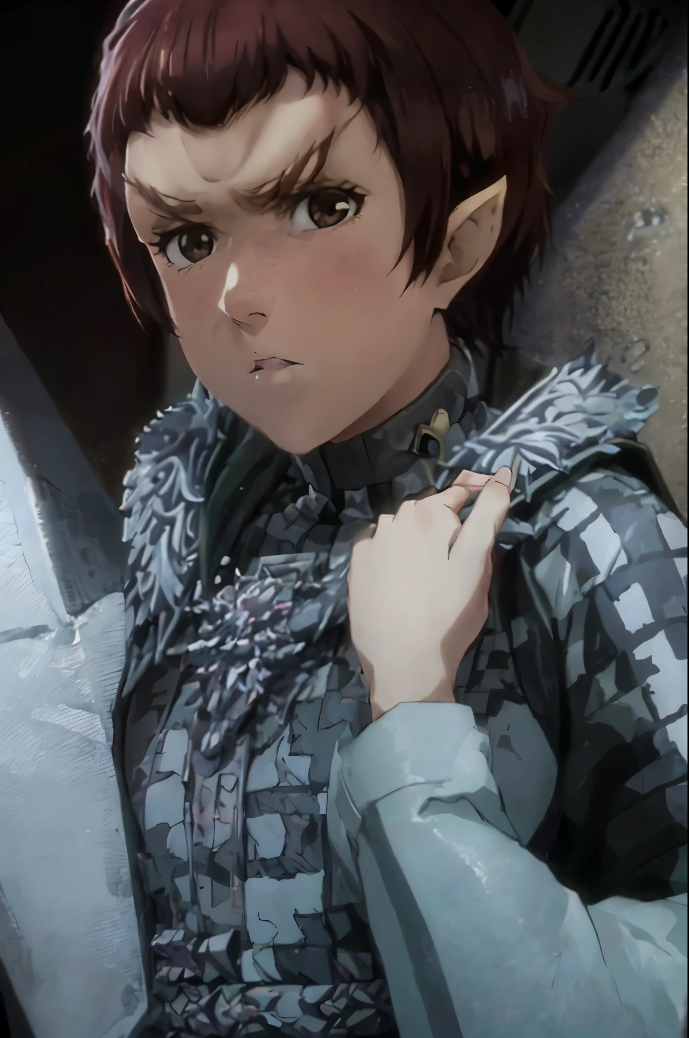 fullbody fullframe masterpiece high quality best quality bleach style romulan female moody expression pointy eyebrows pointy ears forehead ridge 