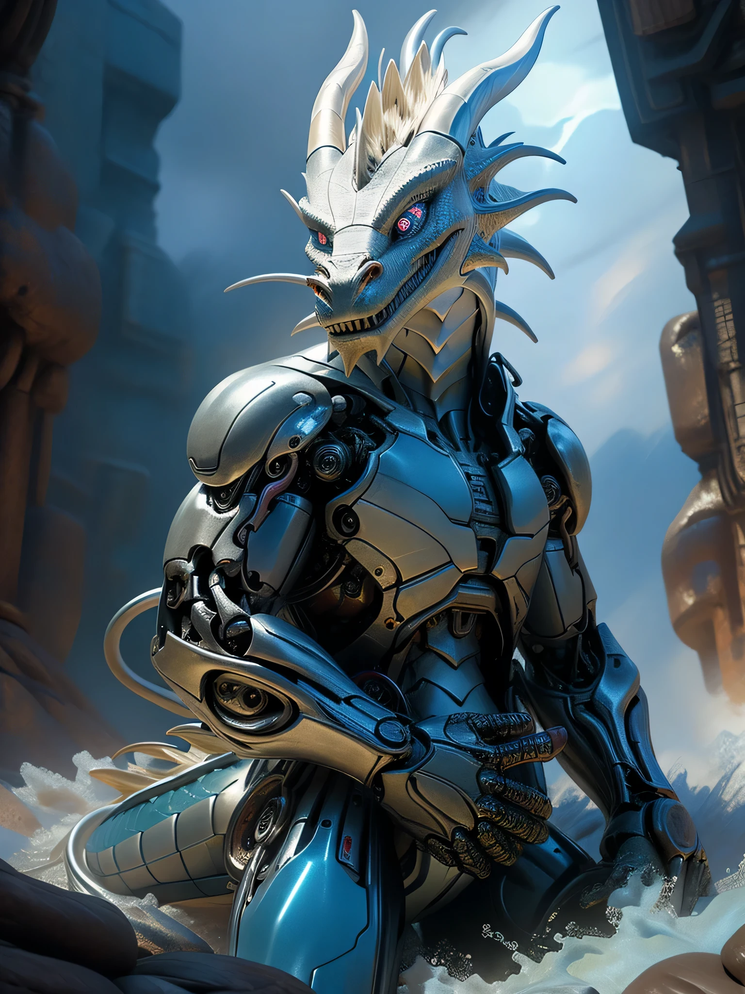 Advanced bionic machinery, cyborg, human nature, (dragon), cyborg, male, white body, Silver torso, Shiny, [whole body], muscle, Detailead face, exquisite eyes, (1 tail), (lead:1.1), vitality, digital level, Outdoor sports, Extremely detailead CG unified 8k wallpaper, realistic, masterpiece, best quality, lens flare, unreal engine, Popular topics on Artstation, complicated, high detail, dramatic, realism, Beautiful and detailead lighting, shadow, thunder, (photorealism, photo, real, realism), photorealistic, Science fiction