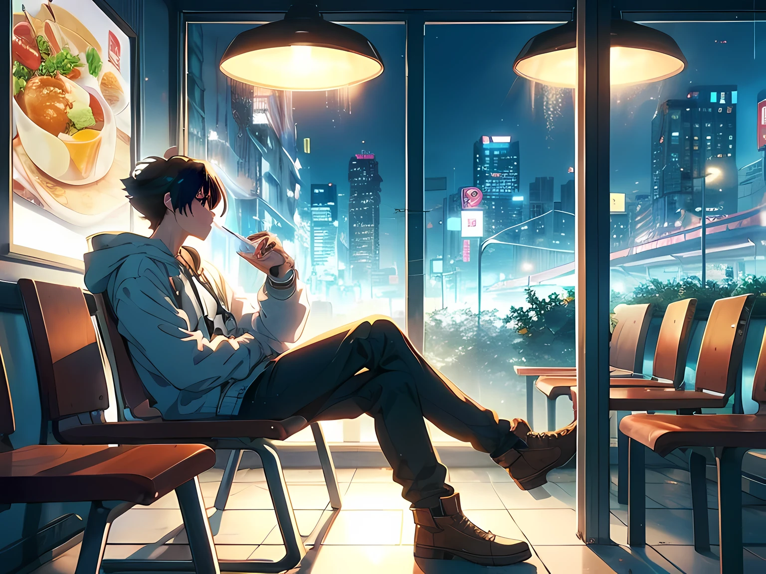 anime boy sitting on a bench in a restaurant with a drink, 4k anime wallpaper, anime art wallpaper 8 k, anime art wallpaper 4 k, anime art wallpaper 4k, sitting in a cafe alone, by Yuumei, style of makoto shinkai, sitting alone in a cafe, anime wallpaper 4k, anime wallpaper 4 k