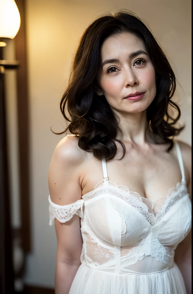 NSFW, ((highest quality)), ((8K)), ((masterpiece:1.3)), (be familiar with), perfect face, ((japanese woman)), (Married woman), ((47 years old)), (((Layering petticoat dress and underwear))), ((Silk petticoat dress)), (Transparent white pericoat dress:1.05), (white bra:1), (2 sets of shoulder straps), (Bunty), (wrinkles on the face:1.2), ((wrinkles at the corners of the eyes)), A slightly gloomy look, (lips slightly open), (Look diagonally forward to the left:1.3), (Long wavy hair), double upper eyelid, (whole body), standing posture, barefoot,