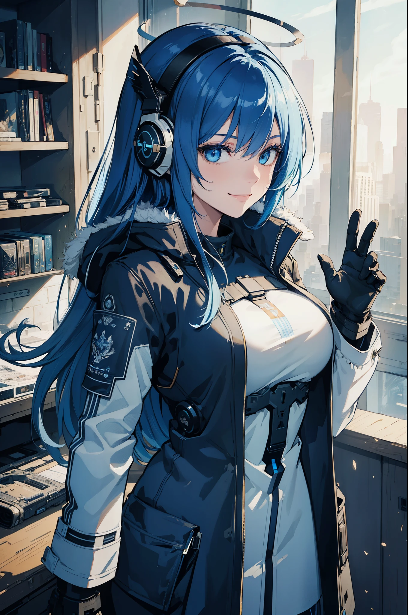 (best quality:1.3), (masterpiece:1.3), (illustration:1.3), (ultra-detailed:1.3), (mid shot:0.9), 1girl, long hair, blue hair, blue eyes, halo, bangs, smile, hair between eyes, coat, modern clothes, sci-fi, high-tech, headphones, exoskeleton, mechanical hands, large breasts,