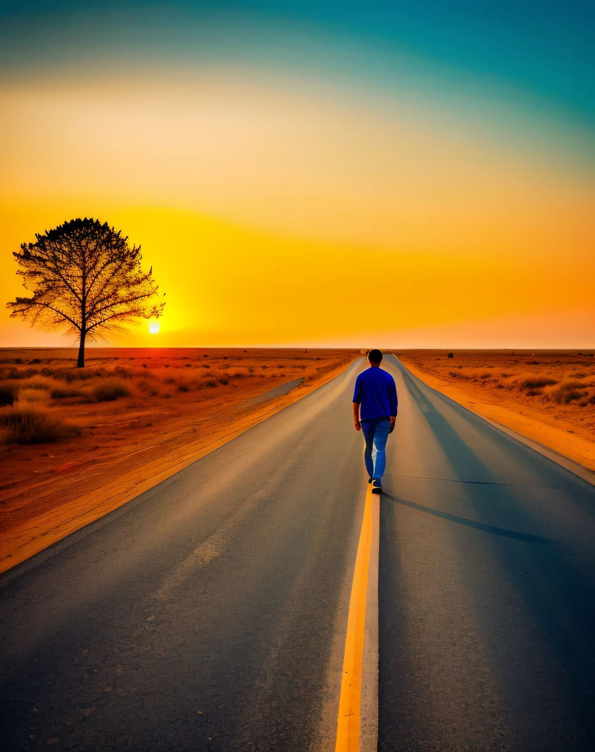 man walking on a deserted road. I'll walk towards the sunset. very detailed. bright colors. high quality. 8k. realistic.