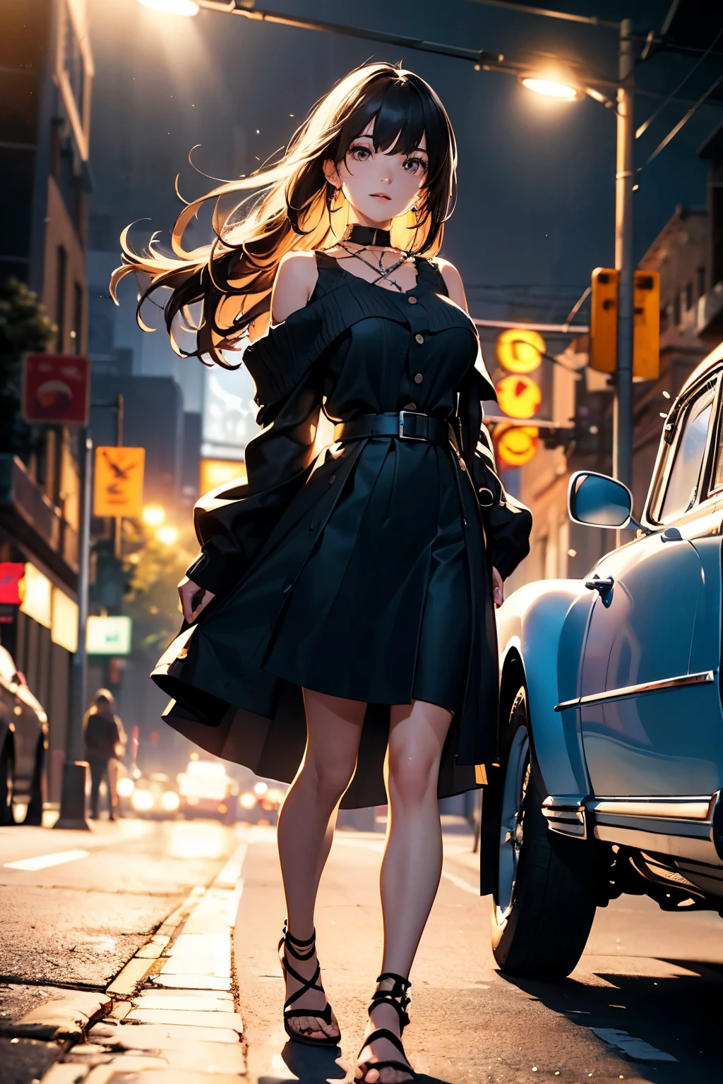 (Official art、Best Quality、Unity 8k Wallpapers、32K、masterpiece、ultra-detailliert、超A high resolution、realisitic、Photorealsitic:1.2)、(Cinematic lighting:1.2)、Fireglow effect、film grains、Best Shadows、Rim lighting、side lights、sideshot、(Ultra-detailed and complex 3D rendering)、Detailed beautiful face and eyes、A slender、Medium bust、(Full body:1.2)、 Highly detailed background、beauitful face、blurry backround、-yeld beiful girl、(super detailed skin、detailed skin textures:1.3)、chestnut bristles、Brown-eyed、Hip Hop Cable、off shoulders、jumper skirt、Black stockings、(thighs thighs thighs thighs:0.8)、Knitted sandals、City at night、Open your mouth and smile gently、a choker、dynamicposes、(Classic car on woman background、Woman illuminated by headlights:1.2)