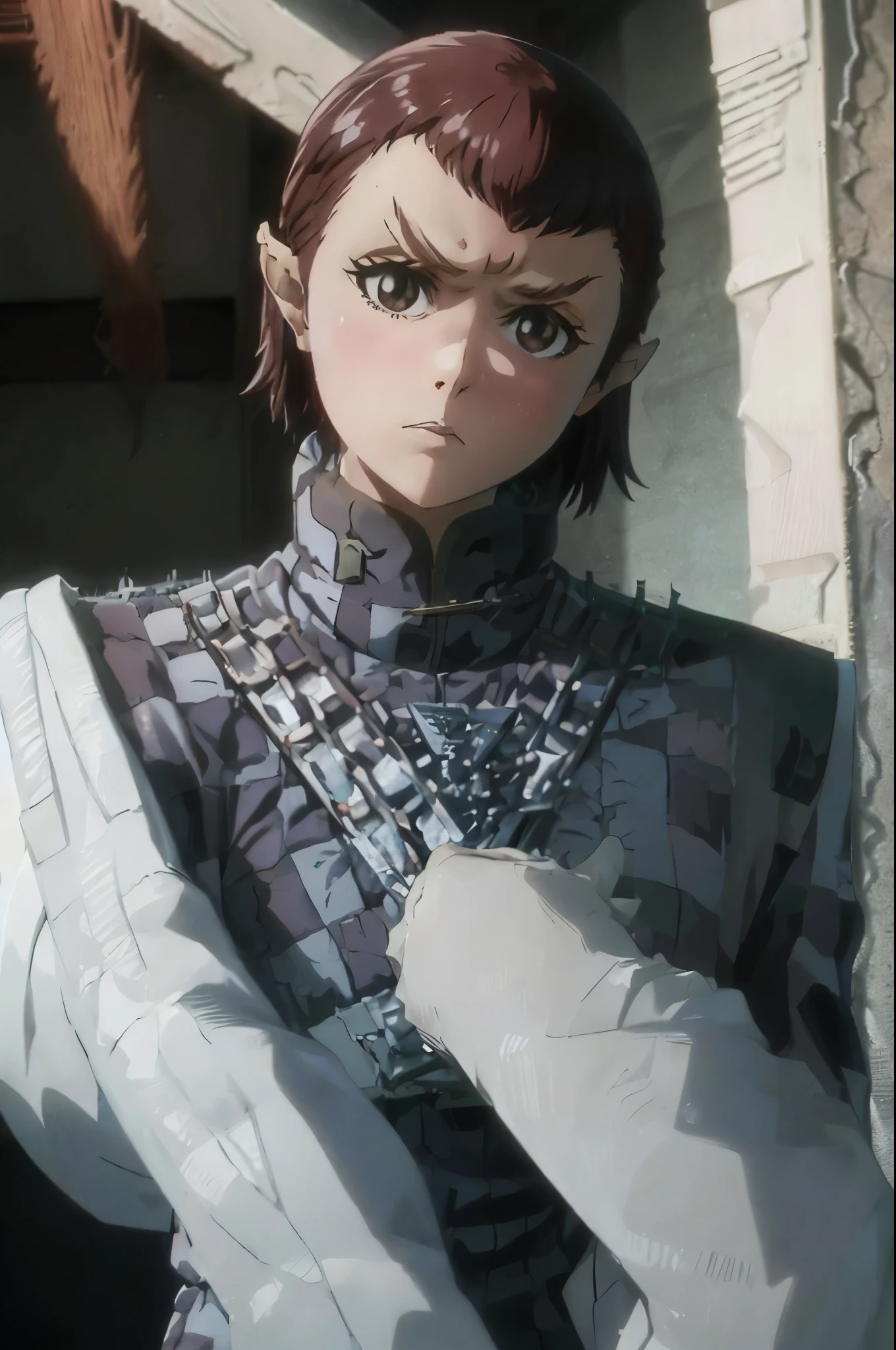 fullbody fullframe masterpiece high quality best quality bleach style romulan female moody expression pointy eyebrows pointy ears forehead ridge 