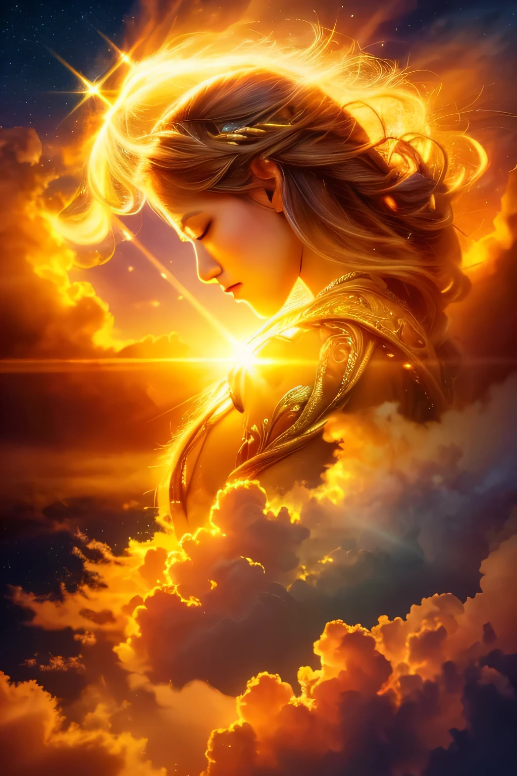 (high quality, High resolution, Super detailed, masterpiece:1.2), majestic null goddess, beautiful and complex sun, bright colors, null, ethereal, dream-like, Golden rays, glowing clouds, Calm atmosphere, grand and magnificent, sacred, Timelapse, the sun that lights up the world, quiet, 無限のnull