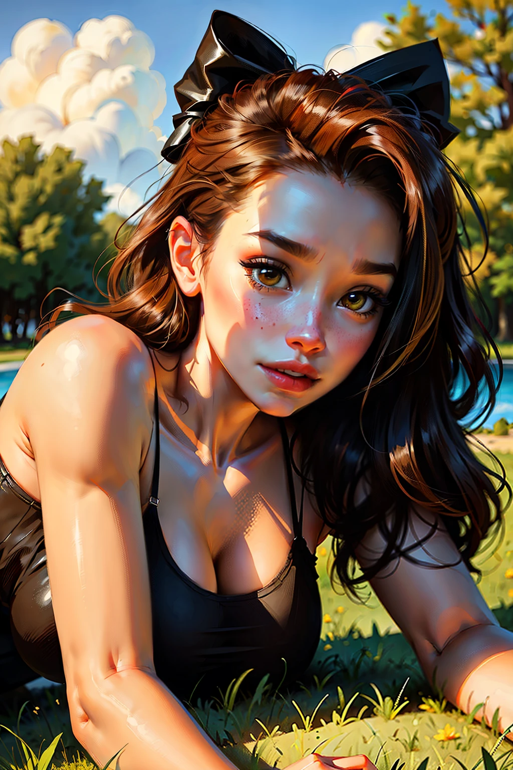 1girl, 19 y.o., solo, Claire Redfield, flat chest, detailing face, detailing body, big hips, small ass, grey eyes, brown hair, sexy, source_realistic, beach, lying on a chaise longue, lying on stomach, perfect reflection, perfect lighting, perfect shadows, cute smirk, sun glasses, black bikini, in full growth, sun glasses