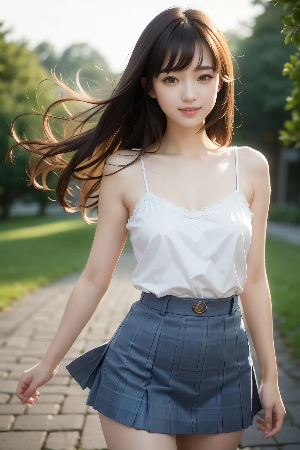 RAW, masterpiece, best quality, extremely detailed, 8k, HDR, photorealistic, intricate, (A Korean skinny girl), (straight hair), (extremely-slim body), (narrow and small hips:1.3), (pale skin), smile, standing, outdoors, wearing a (white short sleeves shirt, cleavage) and (black extremely-short microskirt:1.4), (close-up picture)