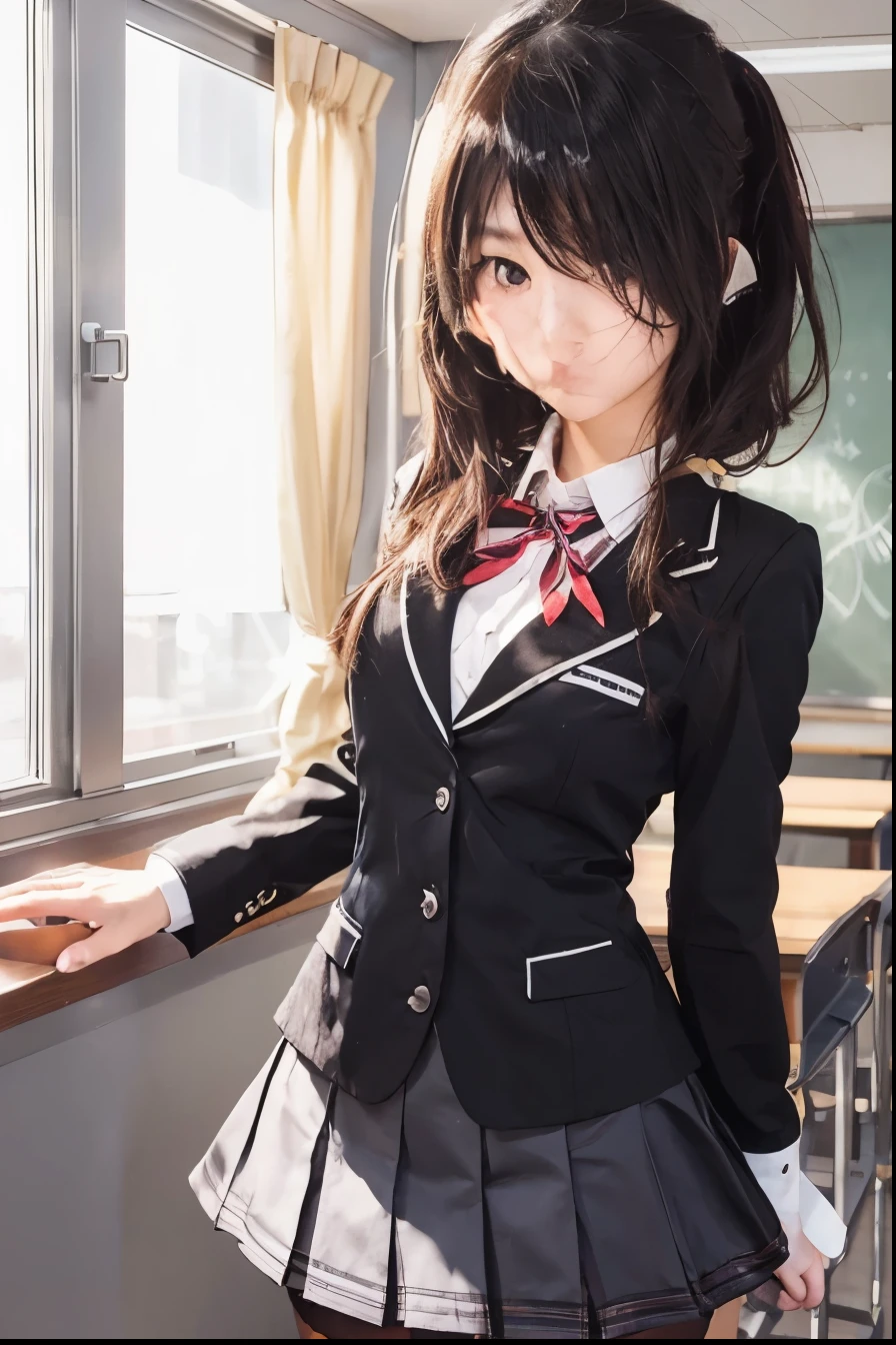 1girl, solo, Tokisaki Kurumi, black school uniform, black synthetic, realistic, ultra detail, 50mm lens