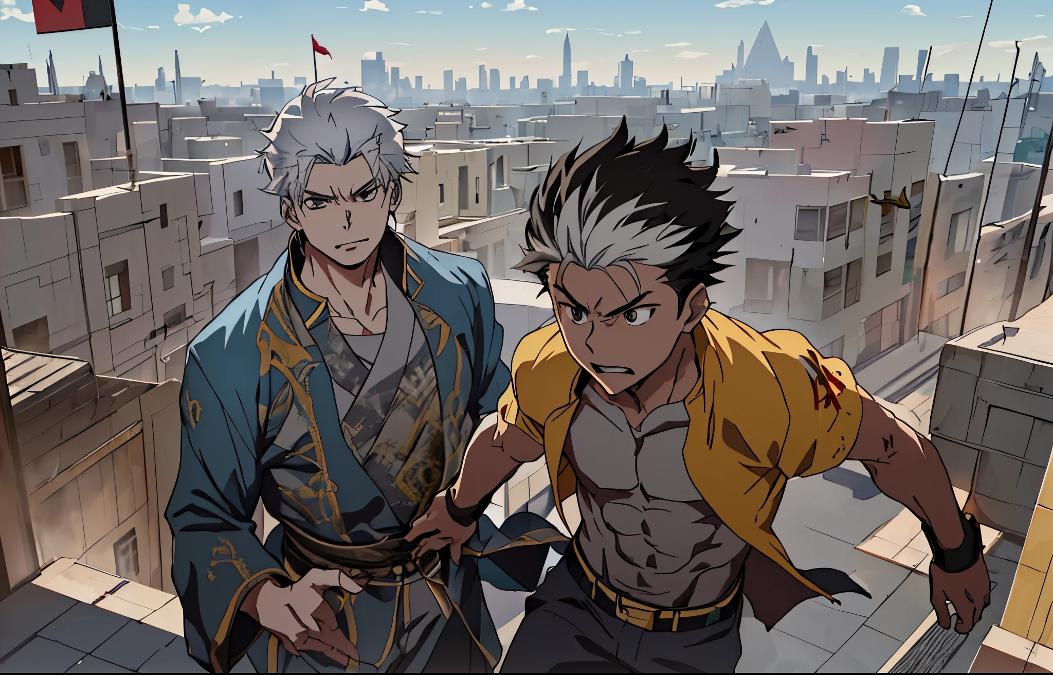 There is a 9 year old boy running away from a 30 year old white haired man through the streets of Cairo anime characters standing on a ledge with a city in the background, akehiko inoue y ross tran, Ross Tran y Bayard Wu, dos hombres guapos anime, Anime rudo 8K, krenz cushart y asher duran, tendencia en artstation pixiv, jin shan y ross tran, krenz cushart y artem demura