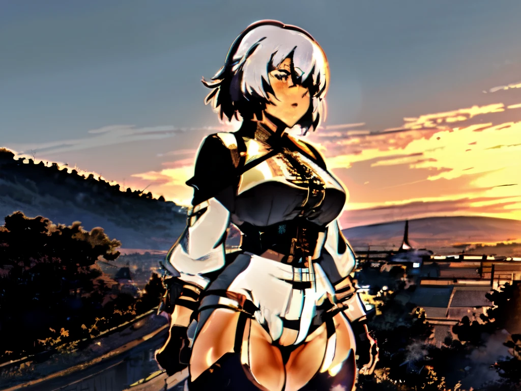Yagyuu Gisen, Girl standing on stairs from hill during sunset. Dusk, warm light, melancholy entourage, (thick thighs:1.7), contemplative facial expression, rear side view, (European landscape:1.5), clearly visible person, pattern print legwear, unusual stockings