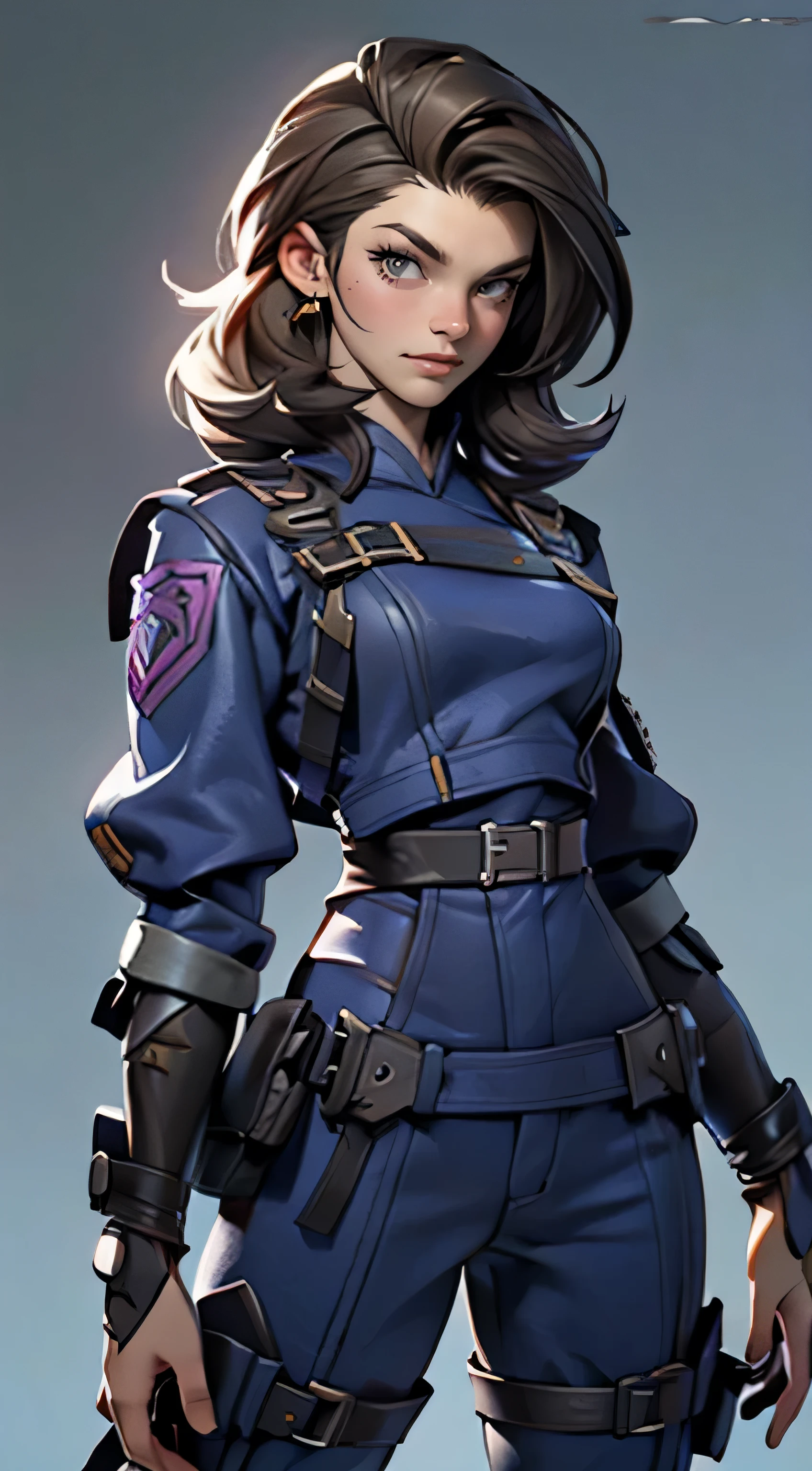 11:23(((best quality: 1.4))),(Unparalleled masterpiece), (ultra high definition),(Hyper-realistic 8K CG)、(one hand action),(dark hair) ((( Body))), (((1 girl in))), 25-year-old American soldier with perfect Body,,Beautiful and well groomed face,muscular Body:1.2,Solid royal blue dress with details, (Pictures from head to thighs), Complex equipment, Purple,trousers,The clothes inside are dark,Clothes with armored metal electronic parts, poison tattoo )
