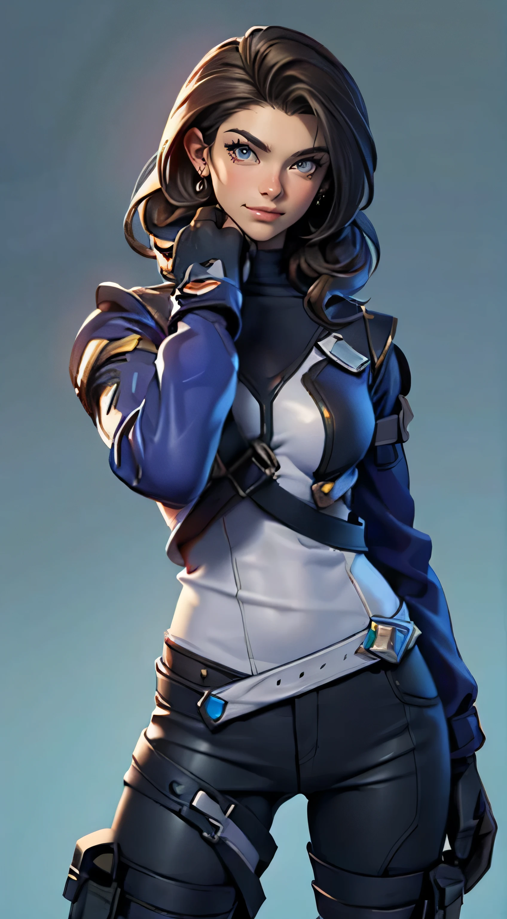 11:23(((best quality: 1.4))),(Unparalleled masterpiece), (ultra high definition),(Hyper-realistic 8K CG)、(one hand action),(dark hair) ((( Body))), (((1 girl in))), 25-year-old American soldier with perfect Body,,Beautiful and well groomed face,muscular Body:1.2,Solid royal blue dress with details, (Pictures from head to thighs), Complex equipment, Purple,trousers,The clothes inside are dark,Clothes with armored metal electronic parts,big,Strong build