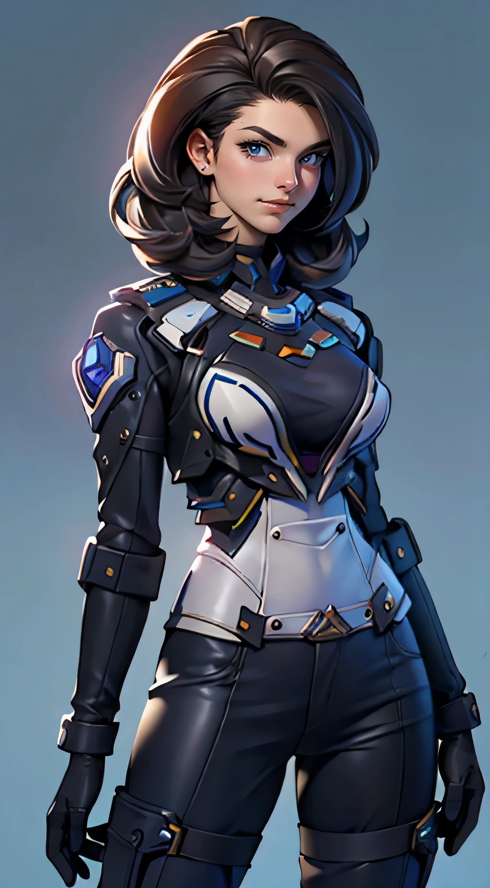11:23(((best quality: 1.4))),(Unparalleled masterpiece), (ultra high definition),(Hyper-realistic 8K CG)、(one hand action),(dark hair) ((( Body))), (((1 girl in))), 25-year-old American soldier with perfect Body,,Beautiful and well groomed face,muscular Body:1.2,Solid royal blue dress with details, (Pictures from head to thighs), Complex equipment, Purple,trousers,The clothes inside are dark,Clothes with armored metal electronic parts,big,Strong build