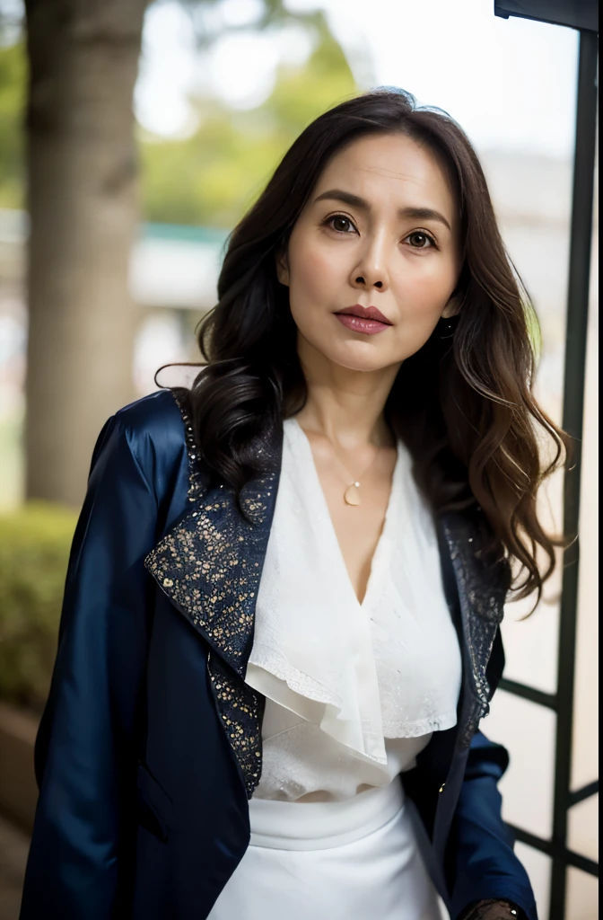 NSFW, ((highest quality)), ((8K)), ((masterpiece:1.3)), (be familiar with), perfect face, ((japanese woman)), (Married woman), ((47 years old)), (((Layering a jacket and blouse))), ((navy blue silk jacket)), (transparent white blouse:1.05), (Knee-length navy blue tight skirt), (wrinkles on the face:1.2), ((wrinkles at the corners of the eyes)), A slightly gloomy look, (lips slightly open), (Look diagonally forward to the left:1.3), (Long wavy hair), double upper eyelid, (whole body), standing posture, high heels,
