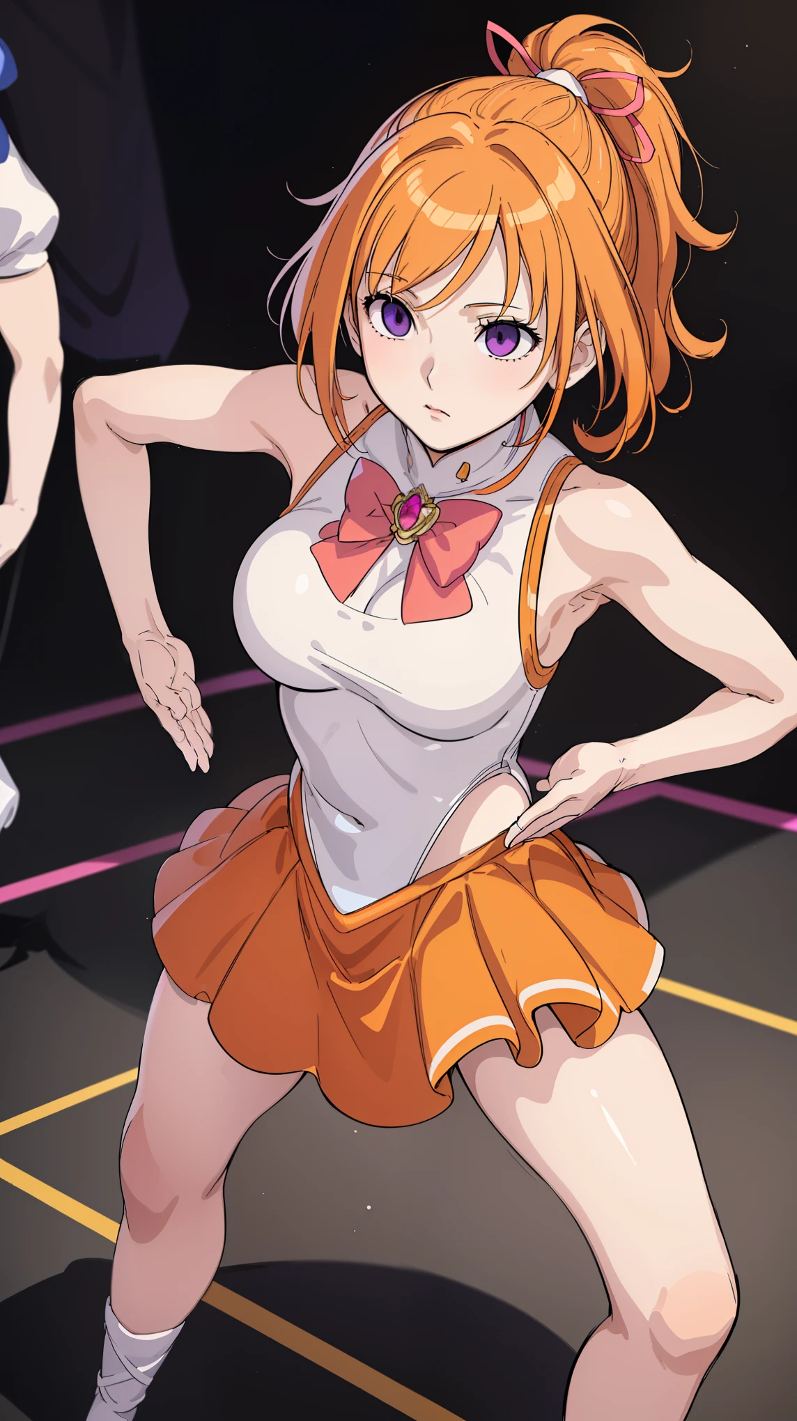 1 female,((Magical Girl 1.5)), slender body, boyish,clavicle, (orange hair), ((mullet hairstyle, extra short 1.2)) , ribbon, Haigre Pose, empty eyes, Eyes glowing purple, No expression, absurd, big breasts, 全身figure,  (highest quality、4k、8k、High resolution、must have:1.2)、Super detailed、(reality、realisticです、realistic:1.37)、ticker、hyper hd、studio lighting、ultra definition paint、sharp focus、Physically based rendering、extreme details、Professional specifications、vibrancy and color、blurry、sports portrait、landscape、horror style、anime big breasts、SF、photograph、concept artist、five fingers, perfect body,  {{{masterpiece}}}, {{{highest quality}}}, {{super detailed}}, {figure}, {{very delicate and beautiful}},Promoting cost performance、all roles、Canon 5D MK4でphotograph、sprinkle、photograph, 