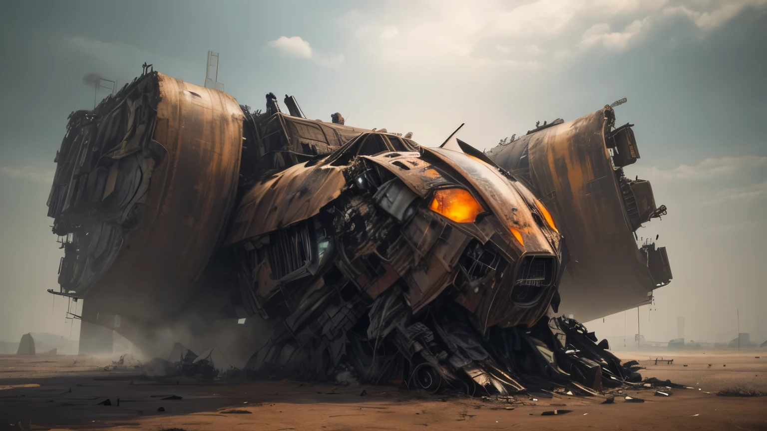 Abandoned Mech, dark rusted metal, damaged (broken,wrecked) mech