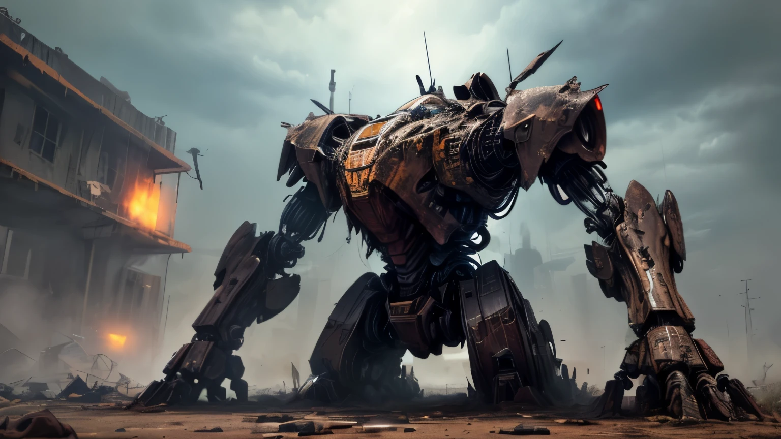 Abandoned Mech, dark rusted metal, damaged (broken,wrecked) mech