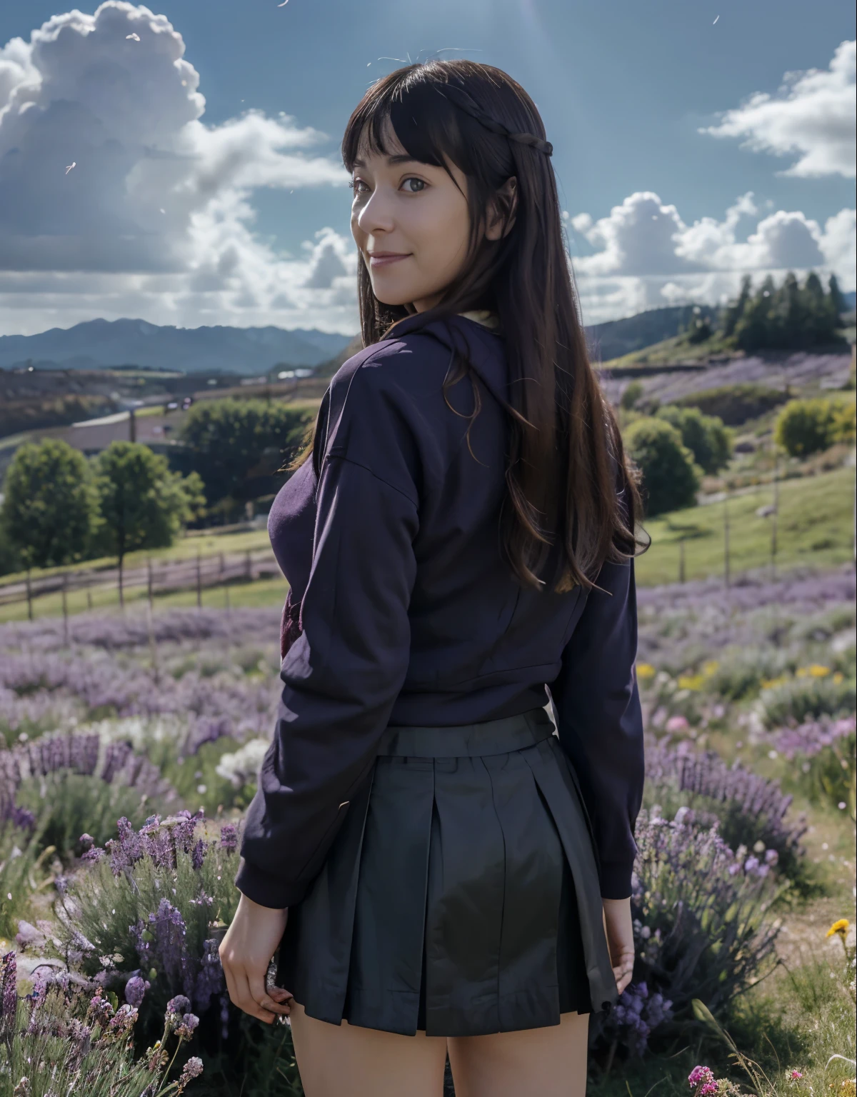 masterpiece, absurdres , (intricate details), (colorful),cinematic lighting,extremely detailed CG unity 8k wallpaper ,hinata\(boruto\), 1girl, solo, purple hoodie ,black skirt, from behind,layered sleeves, cowboy shot, looking at viewer,smile, outdoors, lavender flower field,flower, day, cloudy sky, wind, falling petals, ((long hair)), big breast, detailed lips, knee crop