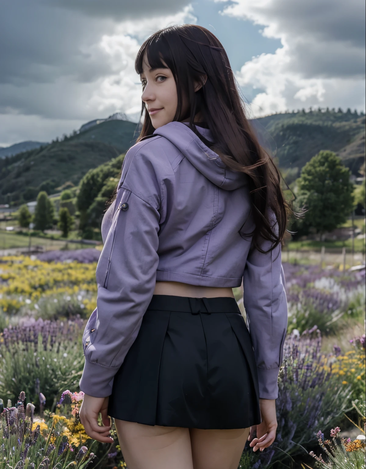 masterpiece, absurdres , (intricate details), (colorful),cinematic lighting,extremely detailed CG unity 8k wallpaper ,hinata\(boruto\), 1girl, solo, purple hoodie ,black skirt, from behind,layered sleeves, cowboy shot, looking at viewer,smile, outdoors, lavender flower field,flower, day, cloudy sky, wind, falling petals, ((long hair)), big breast, detailed lips, knee crop