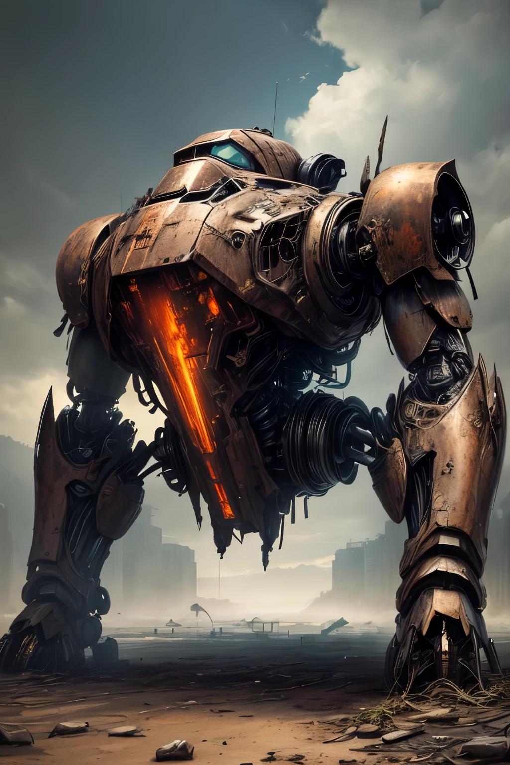 Abandoned Mech, dark rusted metal, damaged (broken,wrecked) mech