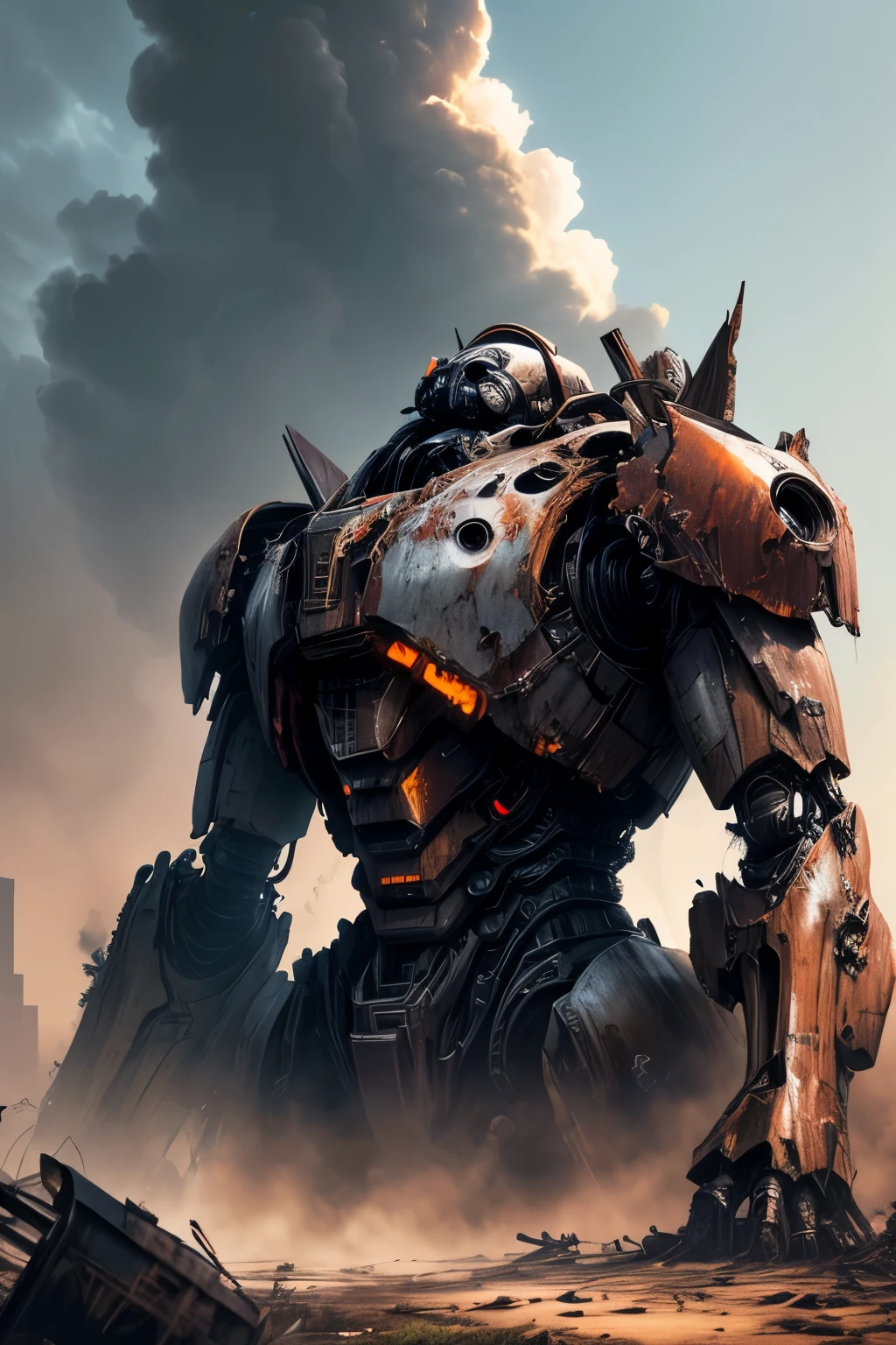 Abandoned Mech, dark rusted metal, damaged (broken,wrecked) mech