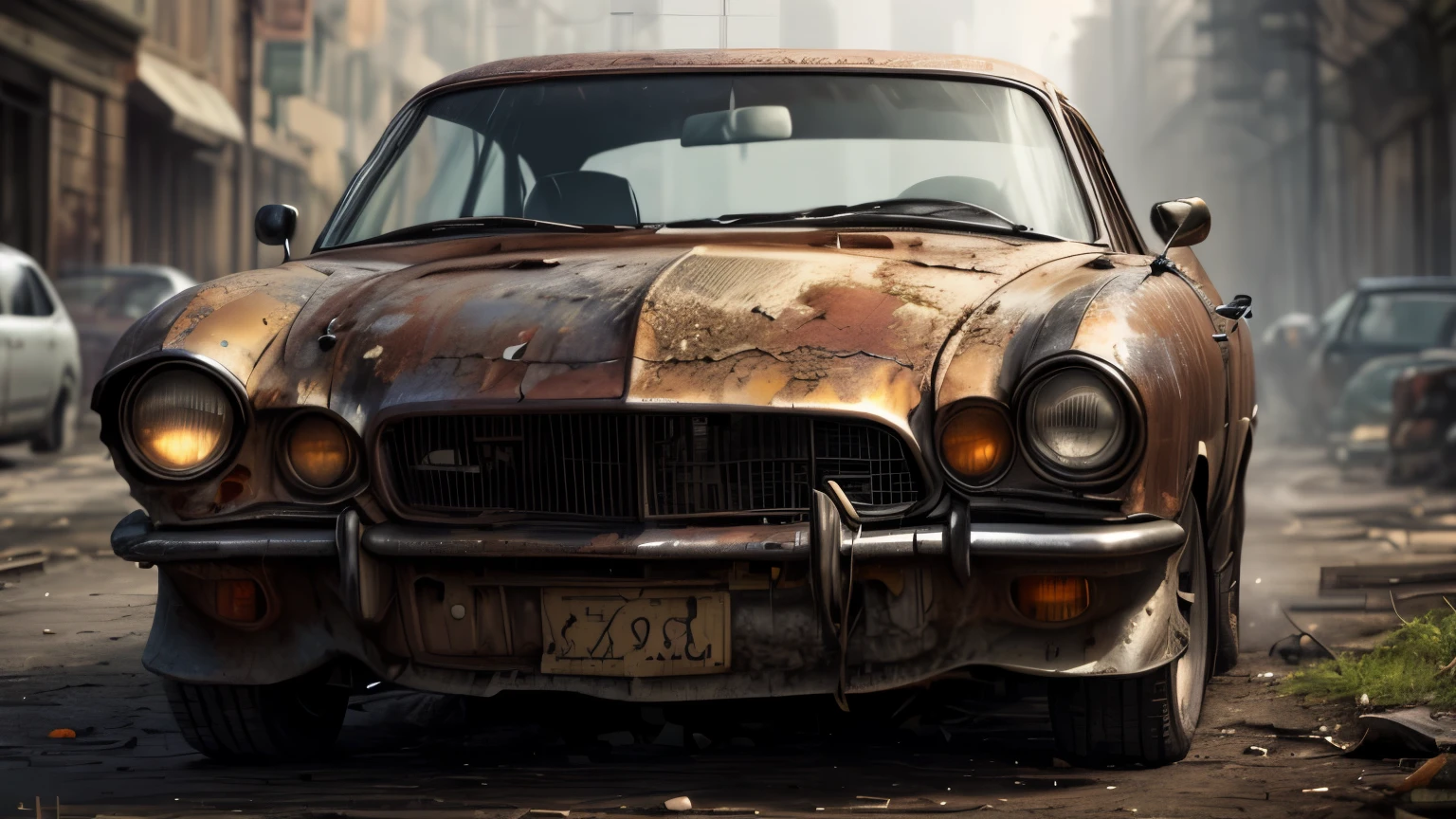 Abandoned cars, dark rusted metal, damaged (broken,wrecked) cars
