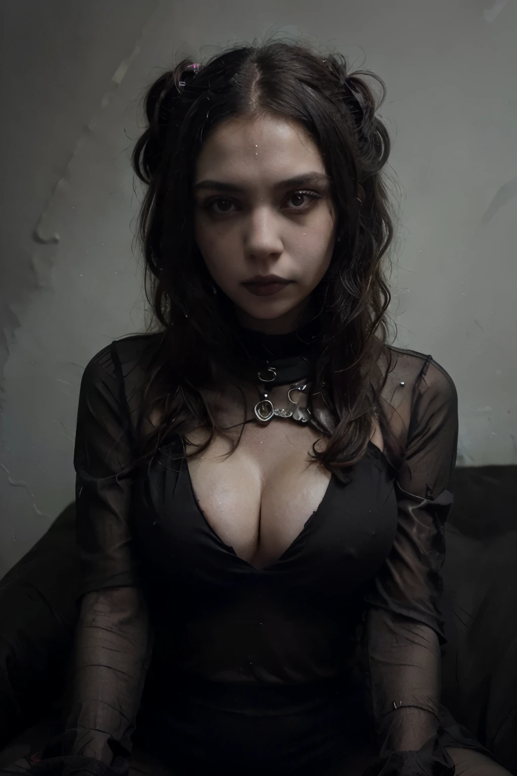 A beautiful Gothic Satanic Witch with black high pigtails hairstyle wearing a transparent mesh top and leather leggings ((best quality)), ((masterpiece)), (detailed), perfect face