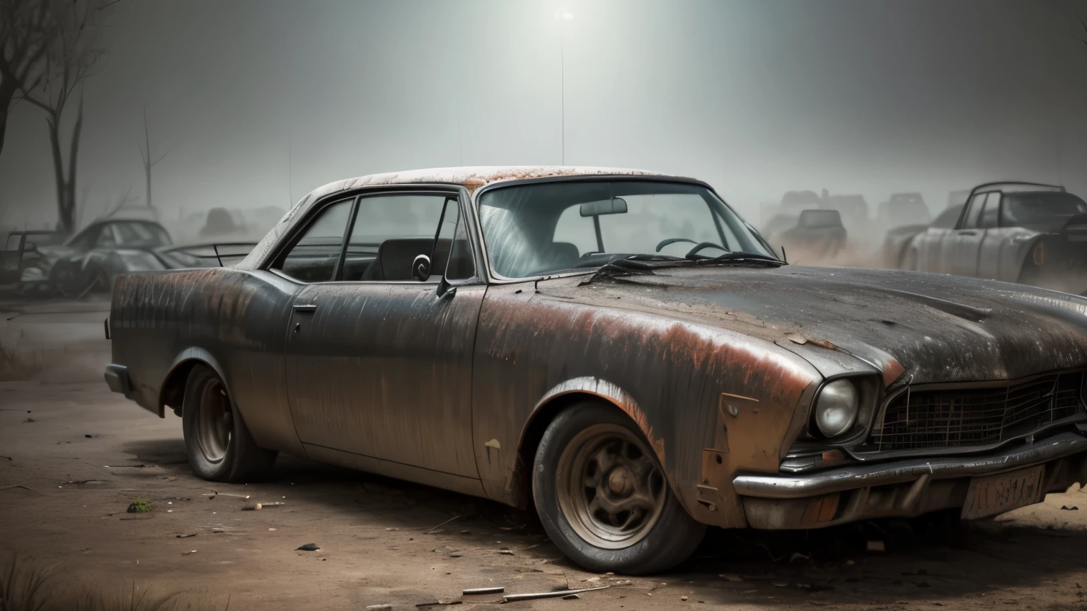 Abandoned cars, dark rusted metal, damaged (broken,wrecked) cars