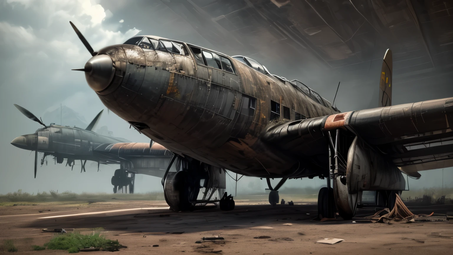 Abandoned air plane, dark rusted metal, damaged (broken,wrecked) air plane