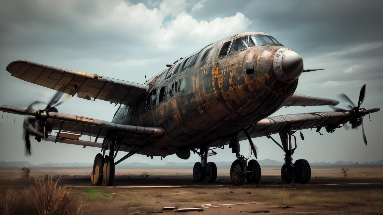 Abandoned air plane, dark rusted metal, damaged (broken,wrecked) air plane