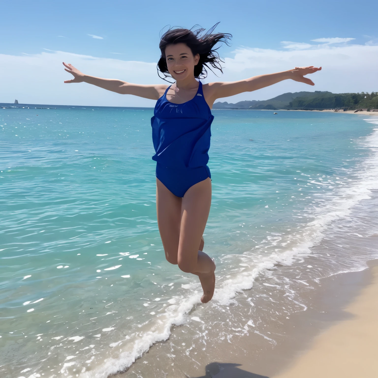 beach, smile, jump