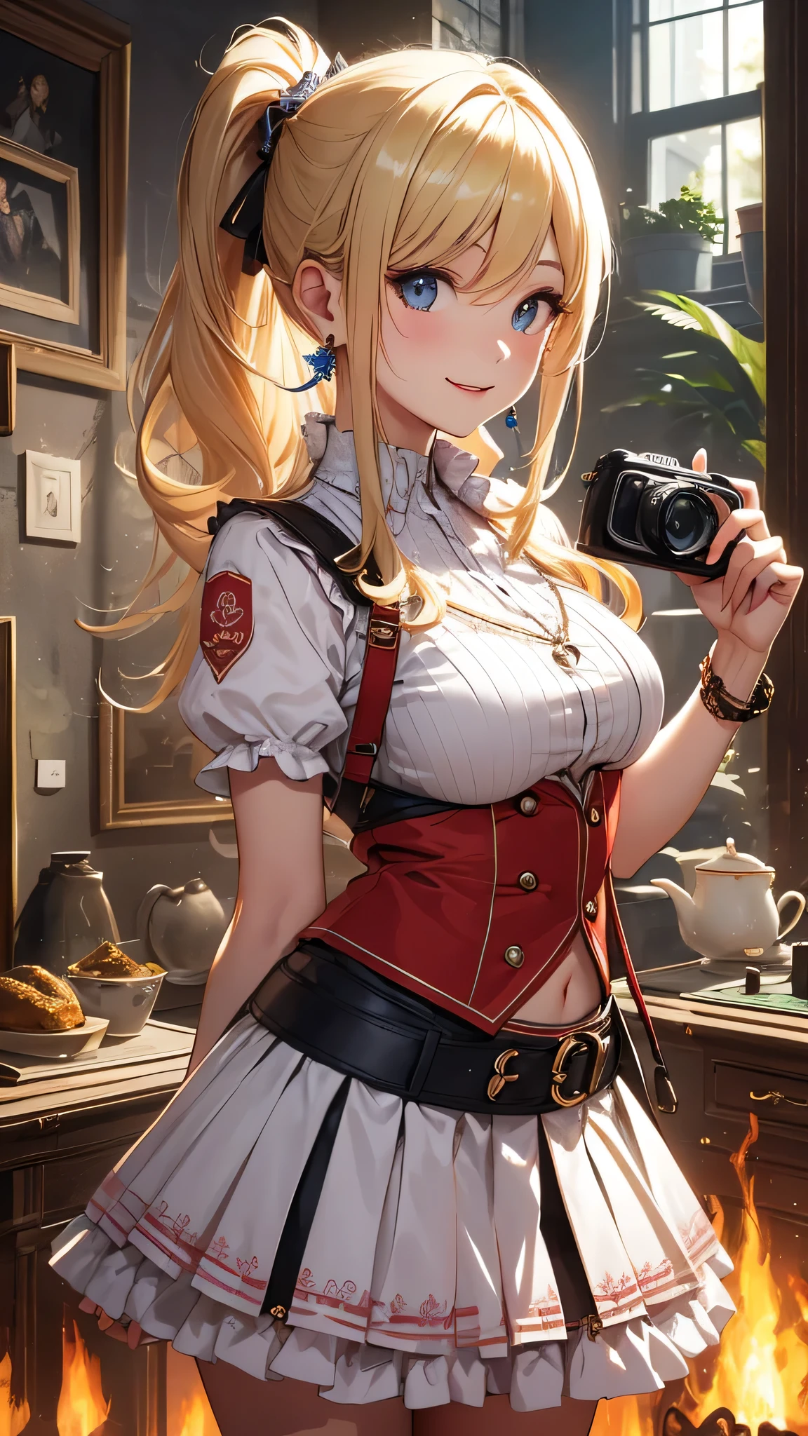 最high quality、best image quality、masterpiece、girl((20-year-old、 By becoming、vest bust、medium bust,wide open breast tea、shining eyes, blonde、long hair、thin,highest valley、ponytail、very short t-shirt、short belly skirt、Please bring a digital camera、smile、forward leaning movement、diamond earrings)),high quality、beautiful art、background((museum))、Flight、debris flies、Depth of written boundary、movie、visual art、perfect art、8k,genuine、