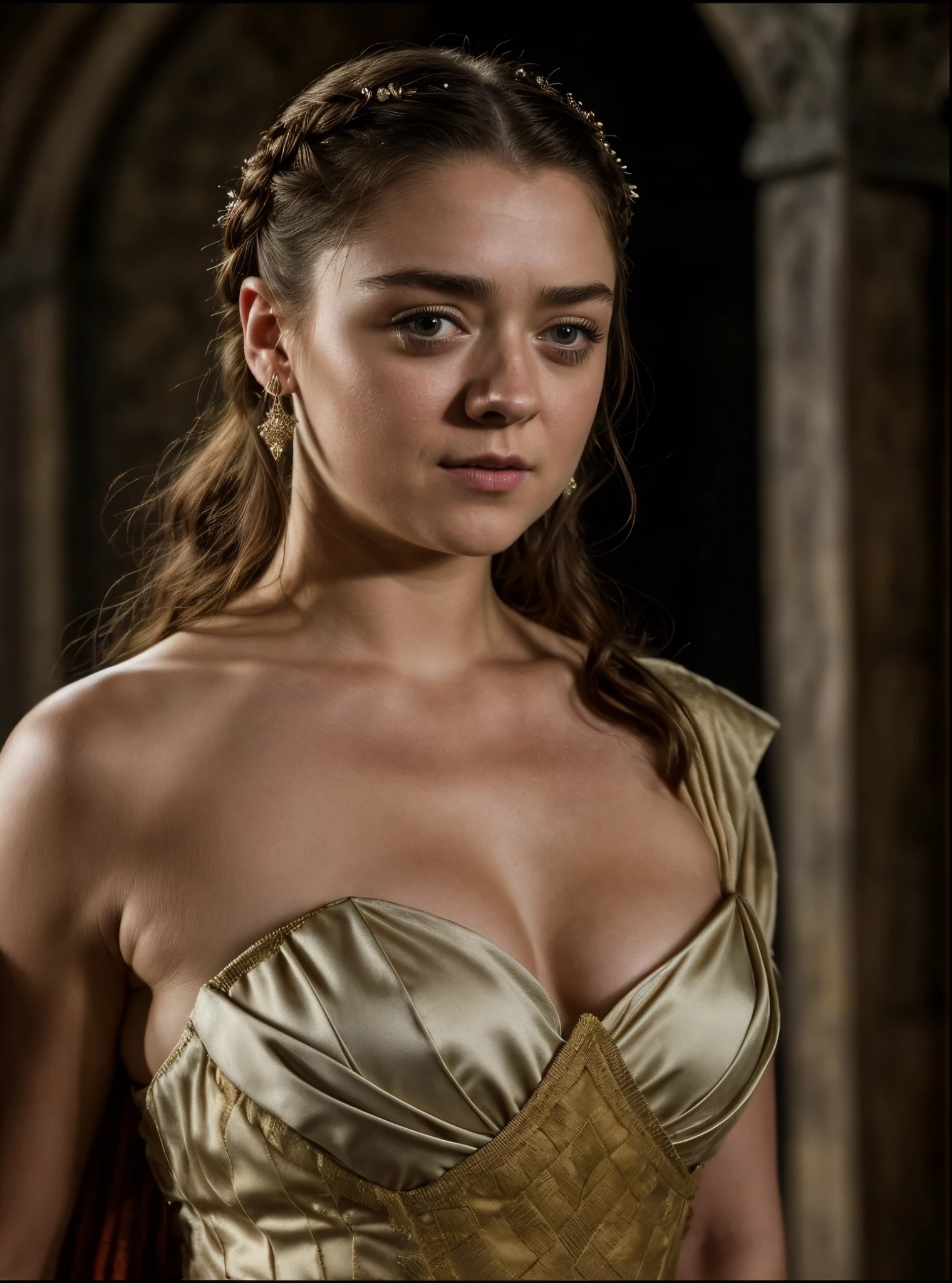 Foto RAW, Arya Stark, Extremely gorgeous lady, Arya Stark PLAYED BY MAISIE WILLIAMS, Queen Arya Stark, she  a mature woman now, milf, sexy mediaeval battle dress, gladiator woman, body, 40 years old Woman, body revealing costumes, perky breast, skin pores, big natural breast, erotic costumes, lusty physique, seductive figure can capture every people's attention, Game of thrones costumes, revealing captivating figure, Mediaeval costumes, revealing clothes, A tomboy, she would rather fence than dance, warrior queen , game of thrones screen caps, Game of Thrones Series, (pele altamente detalhada: 1.2), 8k UHD, DSLR, soft-lighting, alta qualidade, grain of film, Fujifilm XT3, flawless picture, highly detailed, detailed Beauty, intricate, 32k, sharp picture,