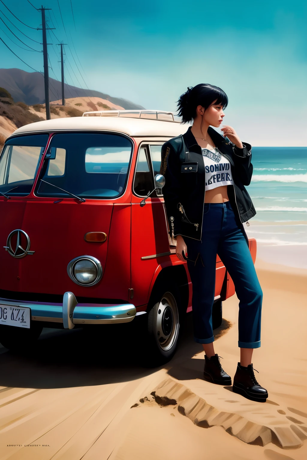 Create beautiful Akira wing, in photo of the most beautiful artwork in the world, featuring a modern punk woman, leaning against a van on a California beach, trending at ArtStation, CGSociety, Intricate, High Detail, Sharp focus, dramatic, photorealistic painting art by greg Rutkowski
