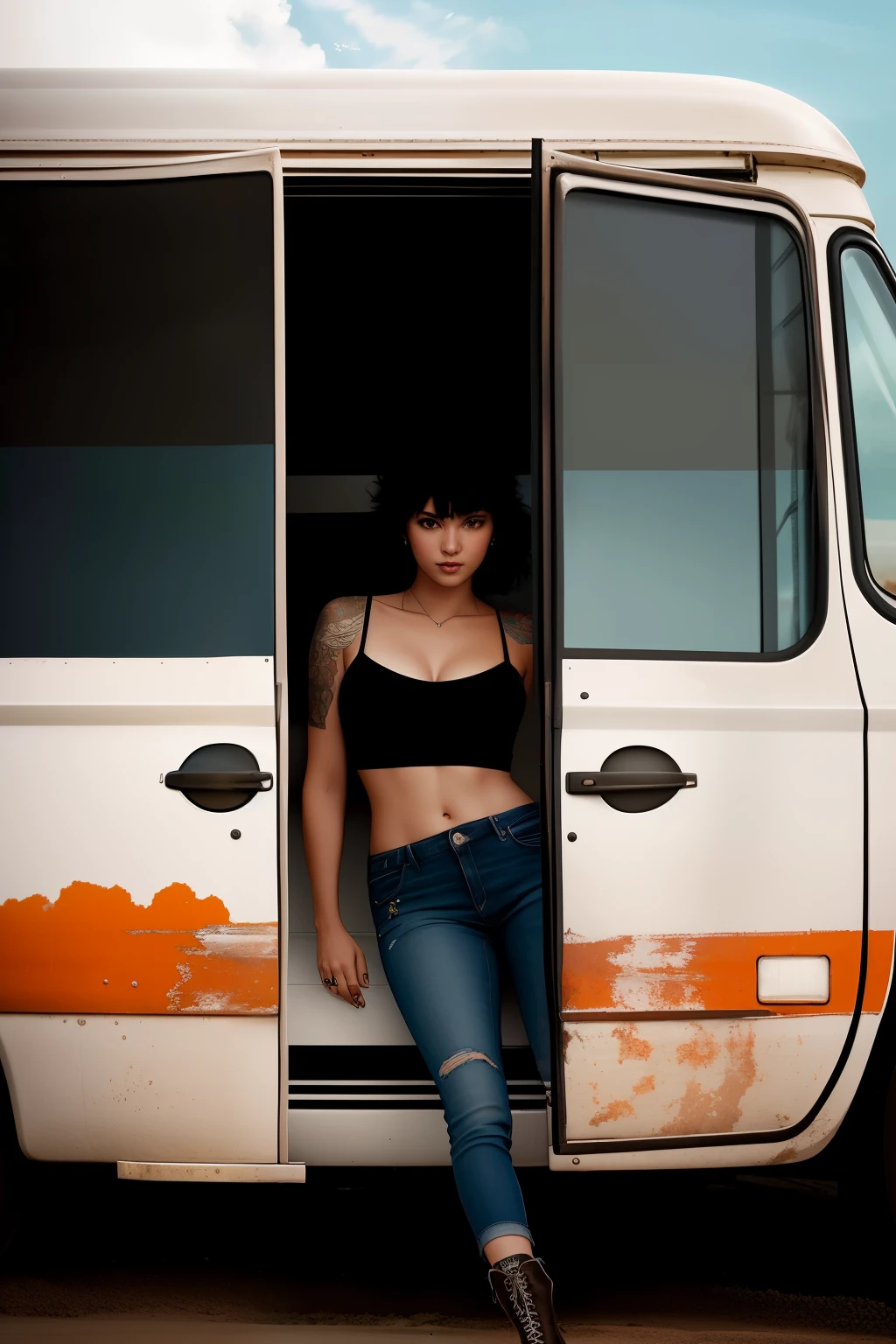 Create beautiful Akira wing, in photo of the most beautiful artwork in the world, featuring a modern punk woman, leaning against a van on a California beach, trending at ArtStation, CGSociety, Intricate, High Detail, Sharp focus, dramatic, photorealistic painting art by greg Rutkowski