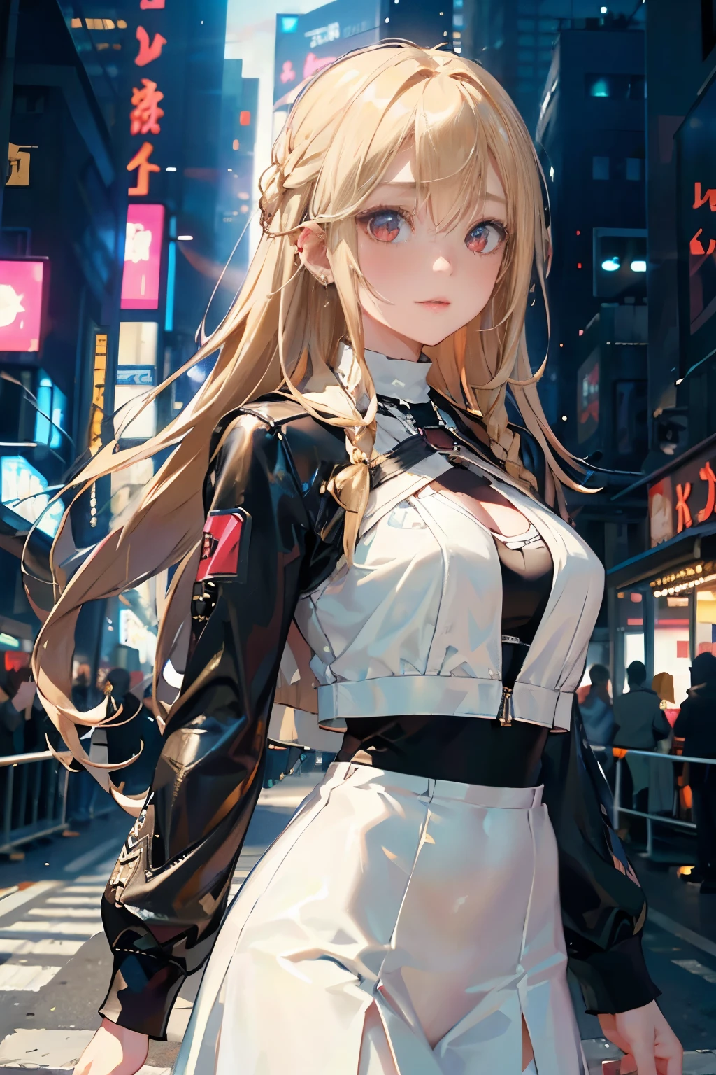 optimum,tmasterpiece,hight resolution,best qualtiy,hyper HD,super detailing,awardwinning,16 K,solo,(The upper part of the body),anatomy correct,Beautiful cyberpunk girl,cute face,,a blond、Longhaire、Twin-tailed、Braids, Hairline,((scarlet eyes)),long eyelasher,Hanging eye corners,White skin of the,(lim body),((Women's Extra Short Shawl Leather Jacket)),((Racing_Suit)),((High-Low_long skirt)),Ear studs,(neck rings),(Laser material clothing:1.2)